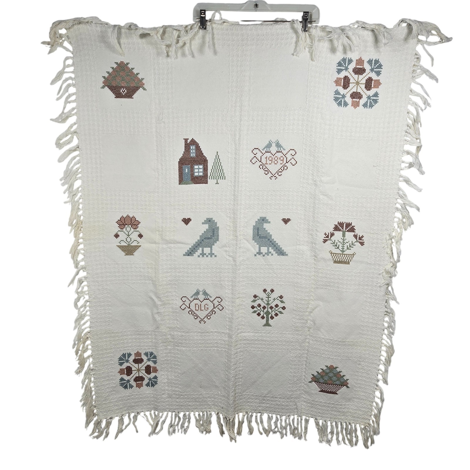 Vintage 1989 Hand Embroidered Sampler Throw Blanket Fringed Cream Folk Art 48×37