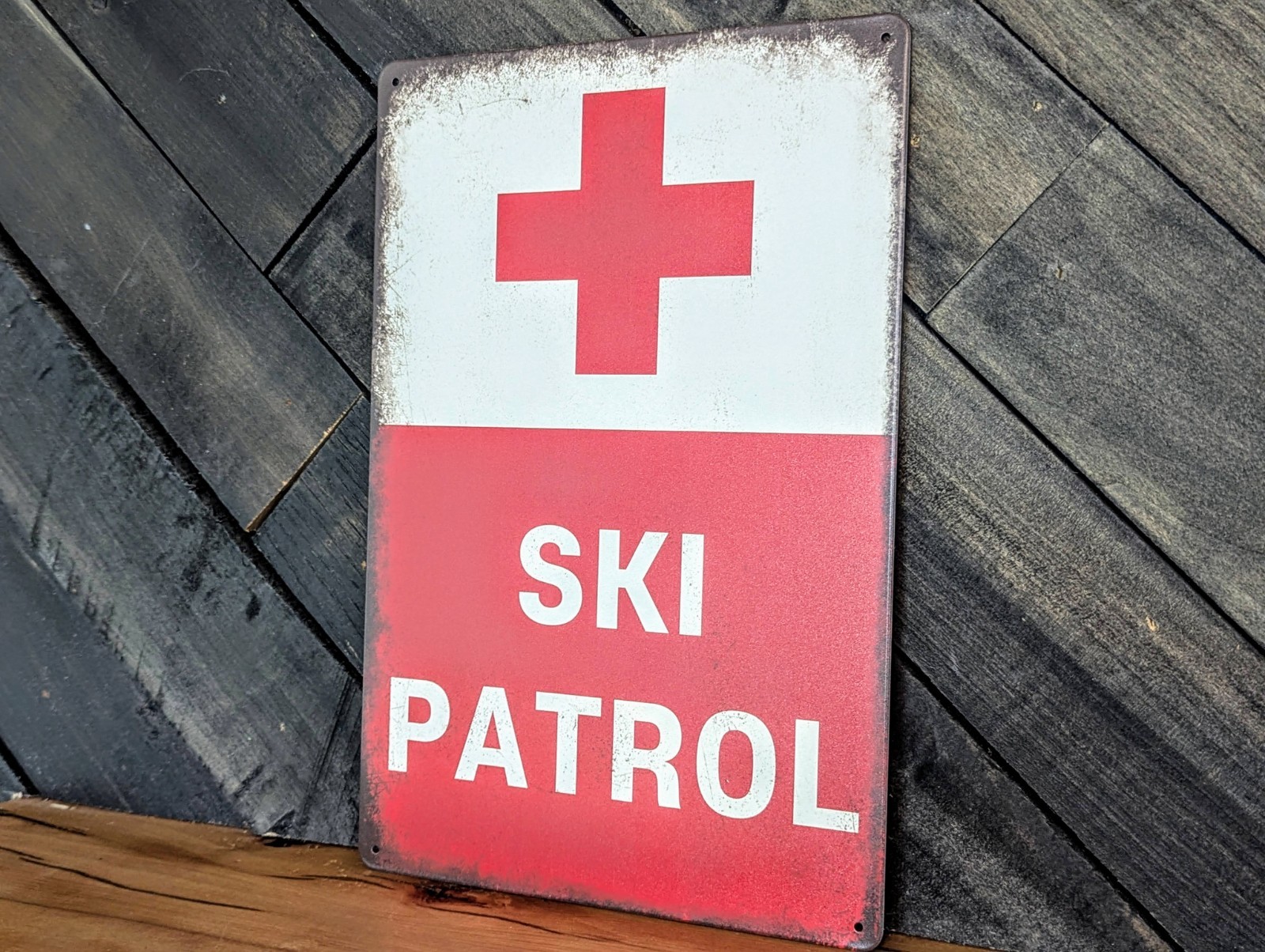 Ski Patrol Sign – Vintage Red Cross Winter Lodge Decor – 8 x 12 in