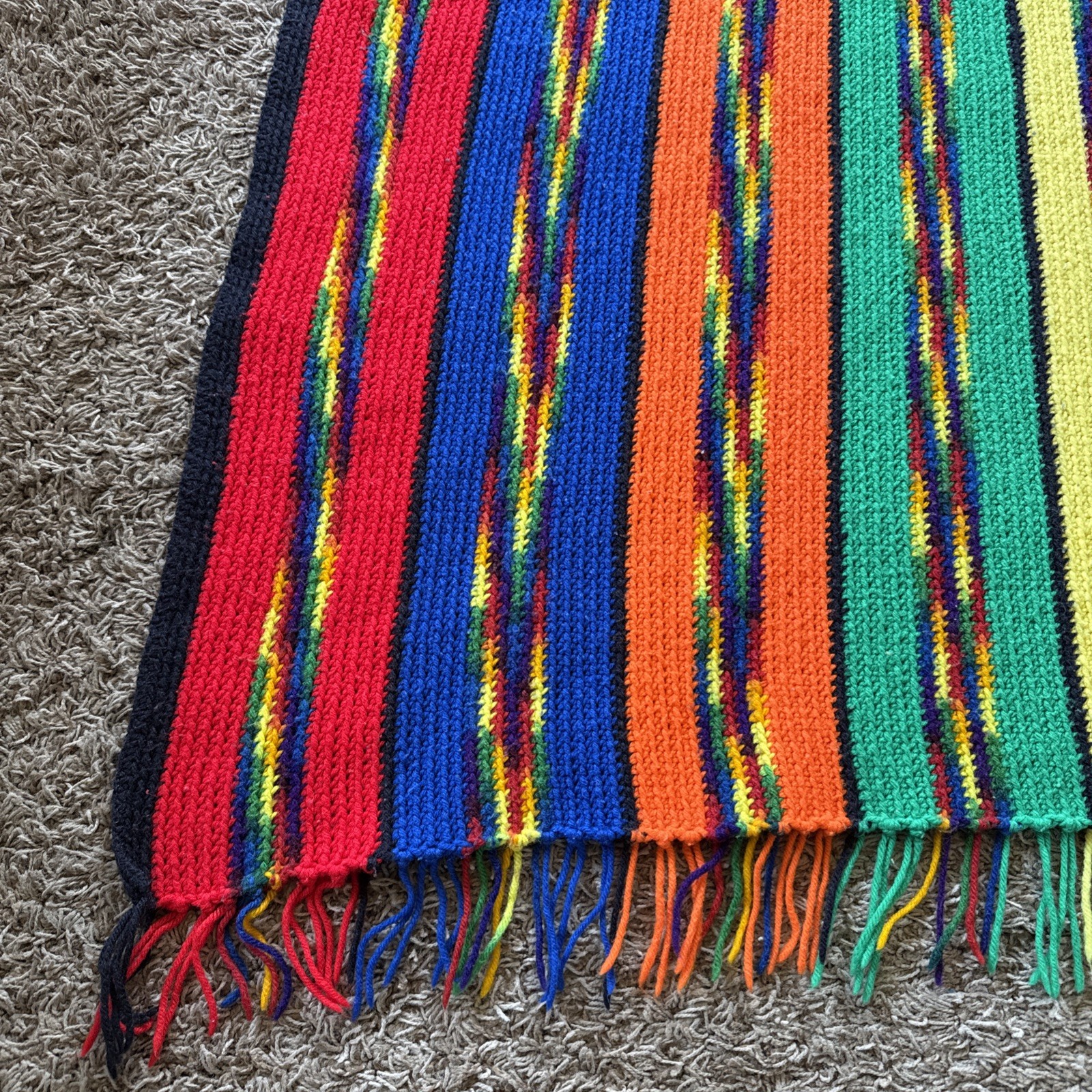 Vintage Colorful Fringed Chevron Pattern Crochet Knit Afghan 70”x 53” Reversible