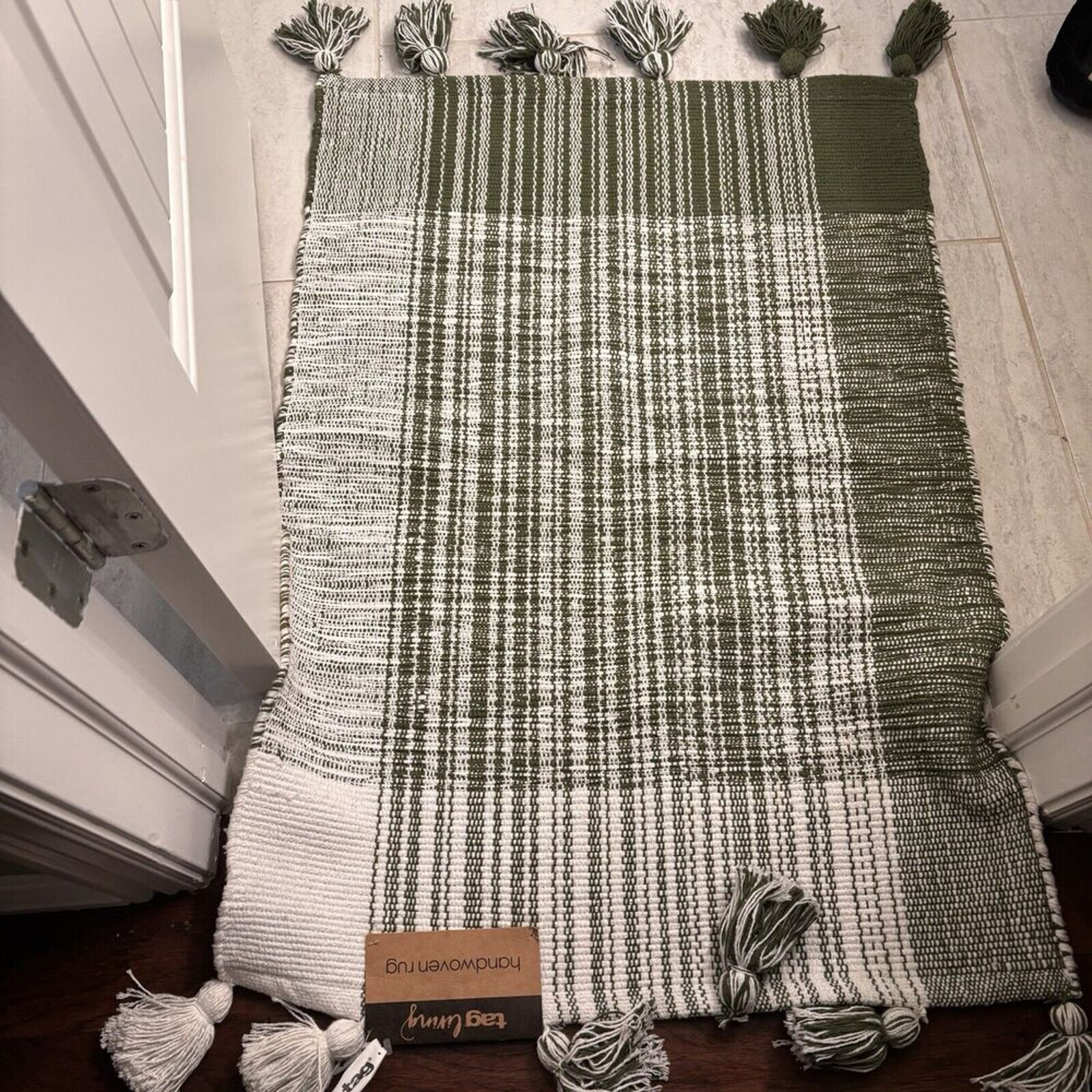 Cotton Polyester, Hand, Woven Machine Wash, Green And White Rug