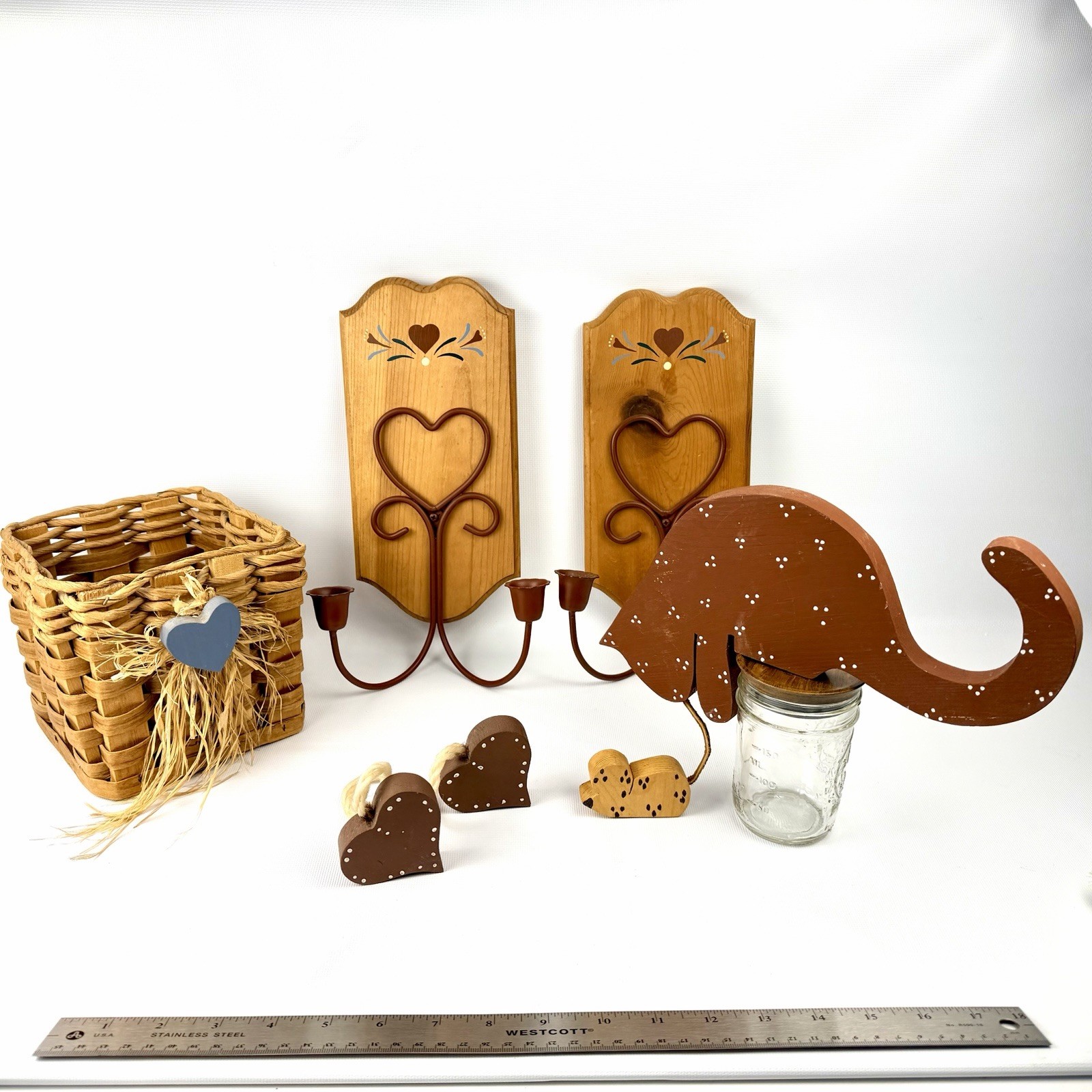 Vtg Wooden Cat Heart Shape Wall Candle Lot Decor Country Granny Cottage Core