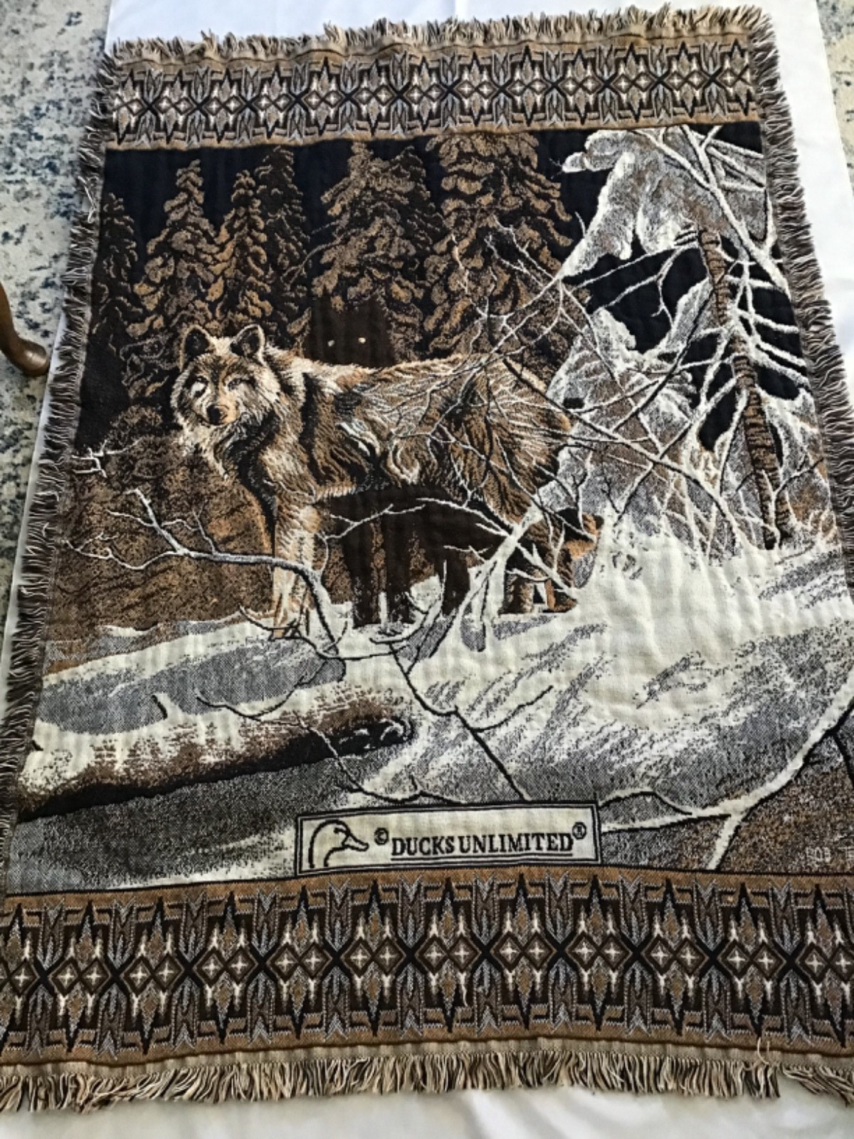 Vintage Wolf Throw Blanket Goodwin Weavers by Crown Crafts 100% Cotton USA