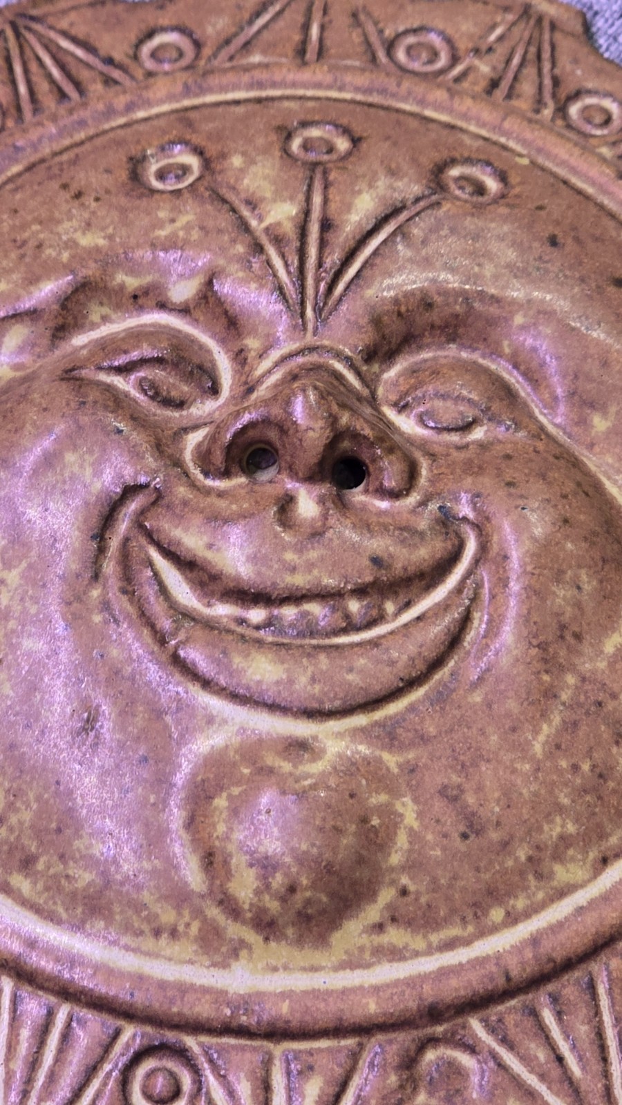 VTG Studio Pottery Sun Face Wall Plaque Signed JP Terracotta Style Wall Decor