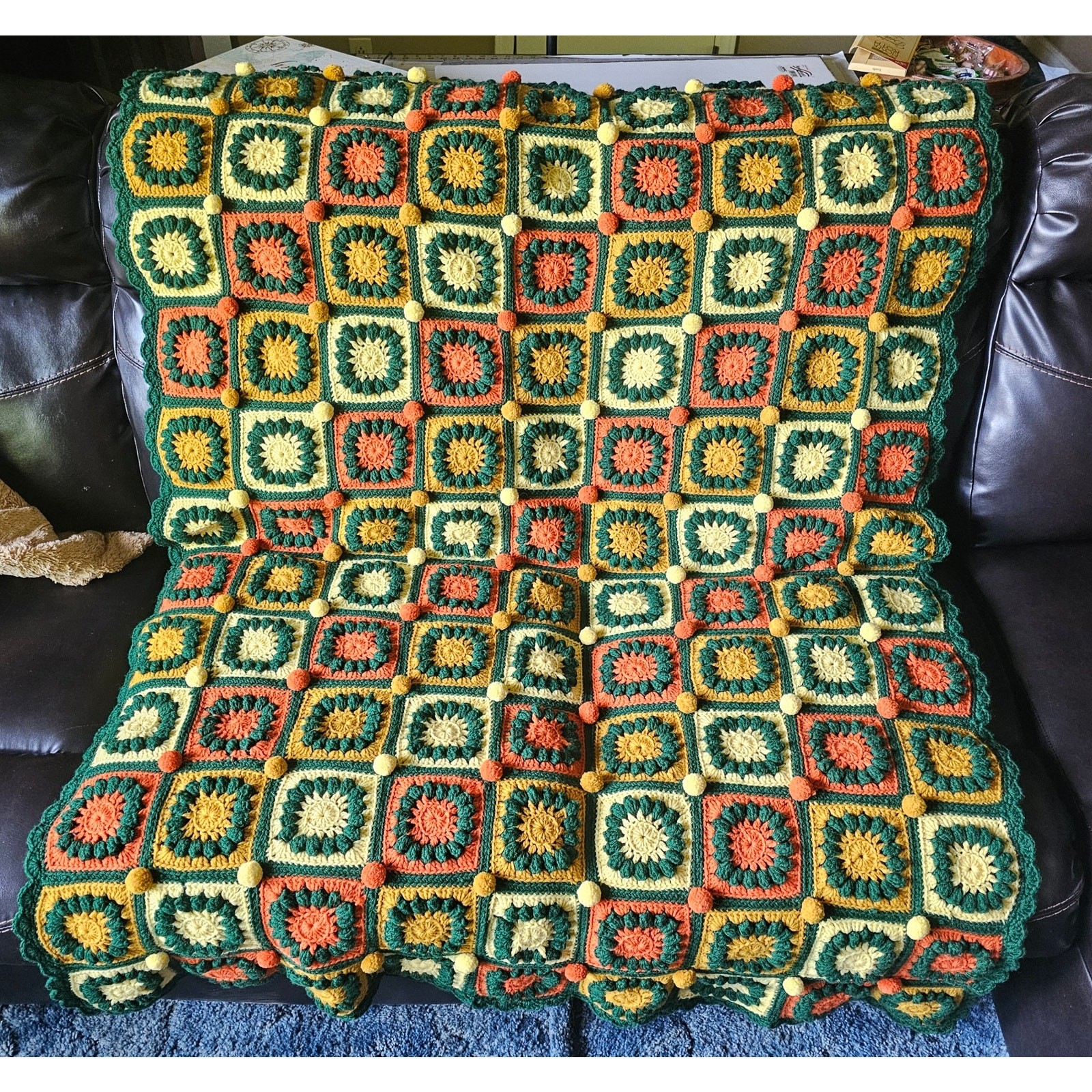GRANNY SQUARE AFGHAN 4′ x 6′ Crochet Colorful Puff Balls Scalloped Edge GIFT