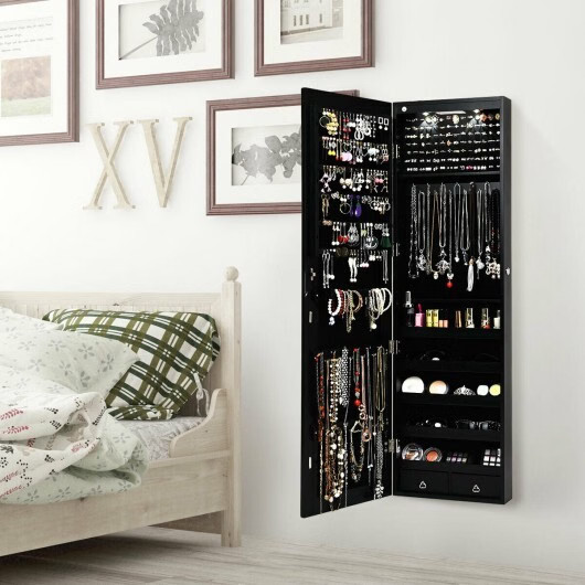 Wall and Door Mounted Mirrored Jewelry Cabinet with Lights-Black – Color: Black