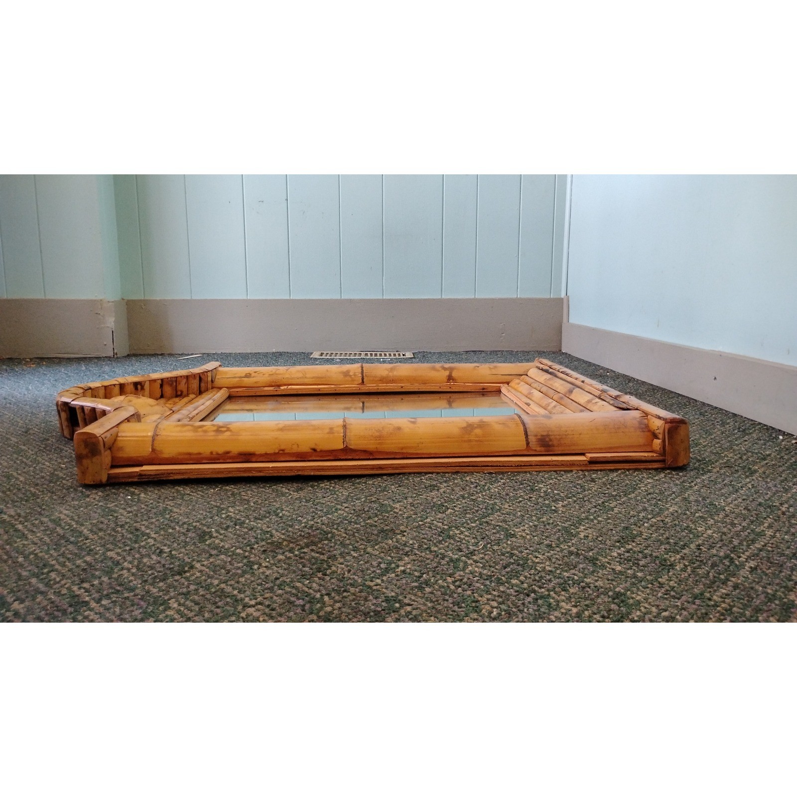 Burnt Split Bamboo Wall Mirror Pediment Top Boho 32×25 Tiki 60s Unique Large
