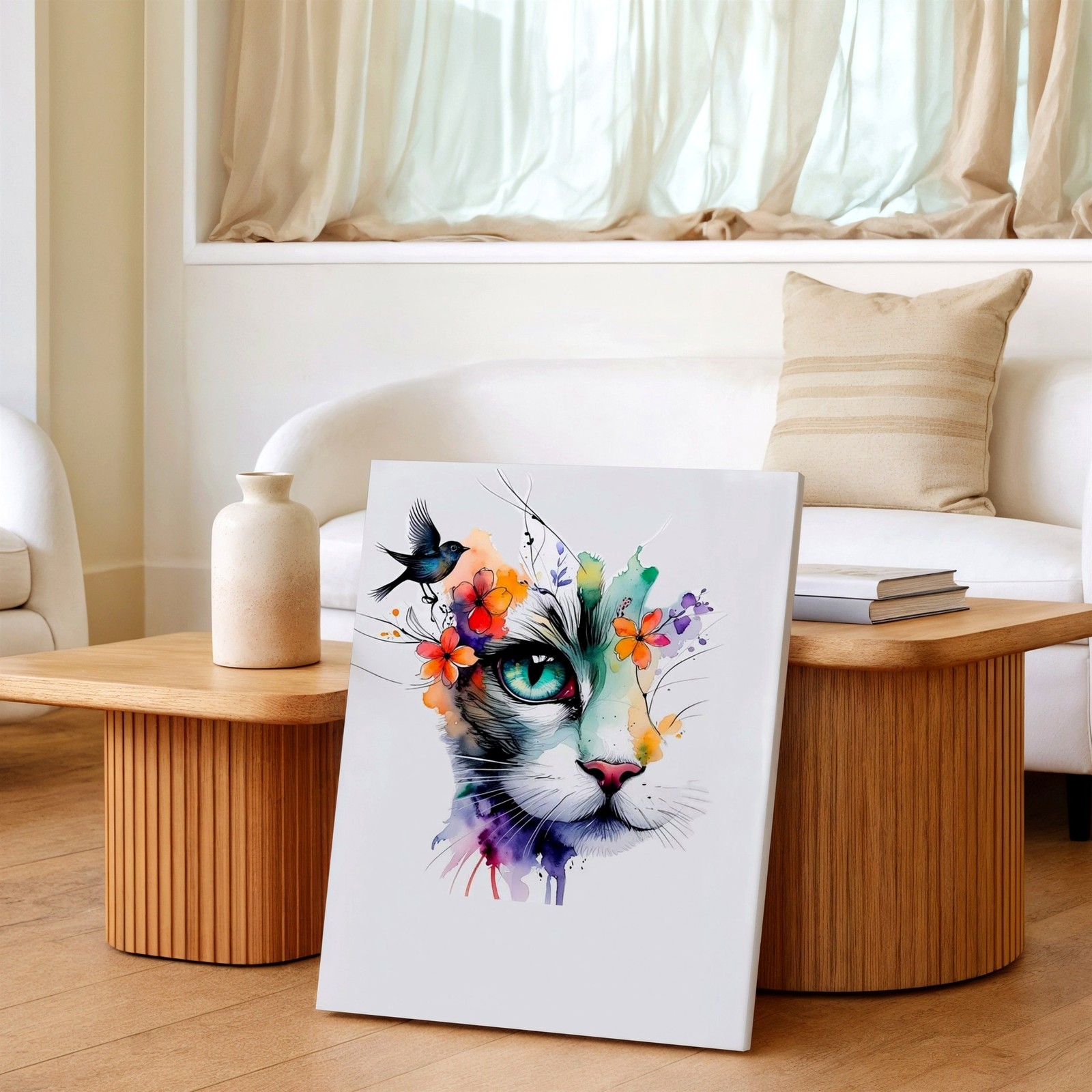 Wall Art Colorful Watercolor Cat Face with Flowers Bird Abstract Animal Print