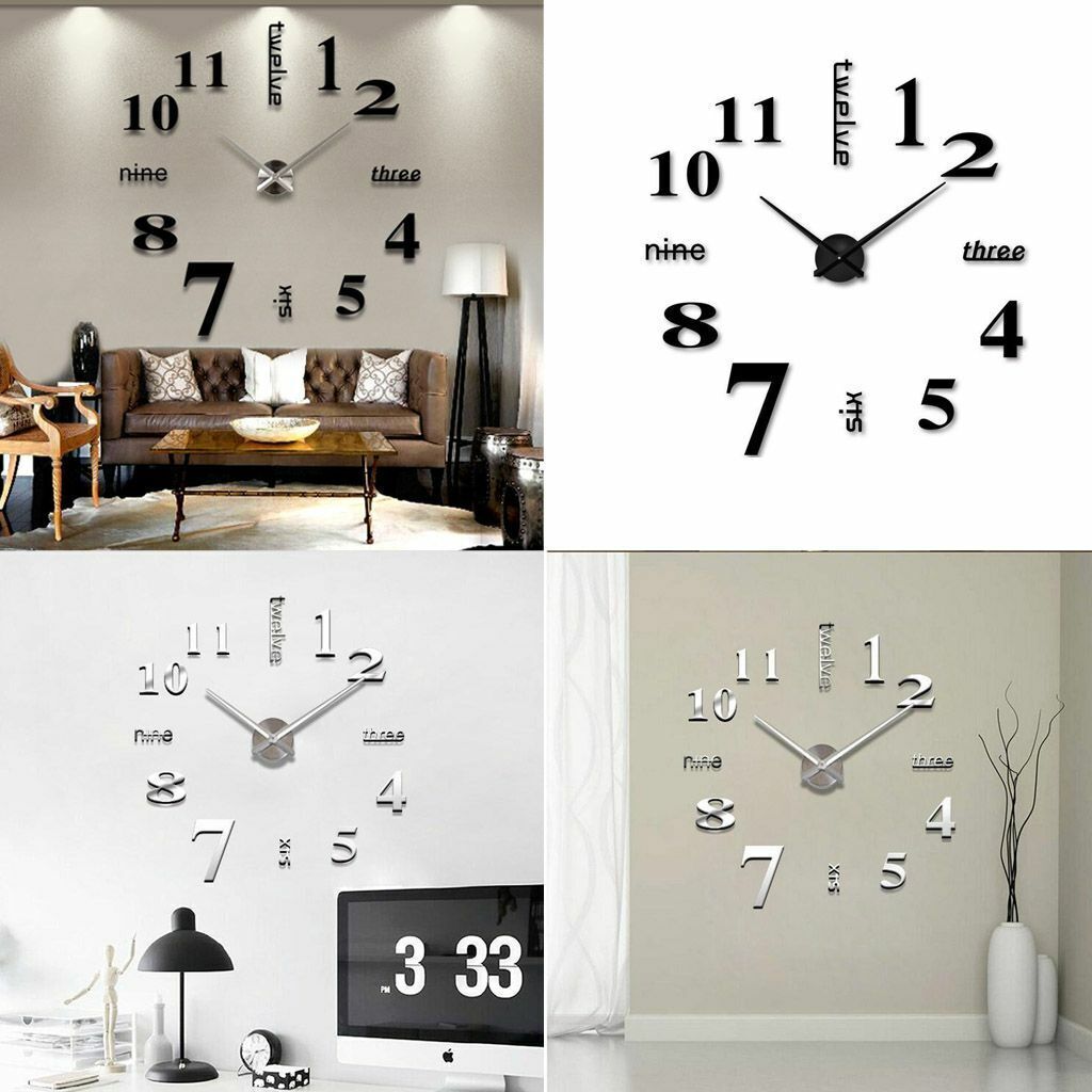 3D Large Mirror Surface Wall Clock Modern DIY Sticker Office Home Shop Art Decor