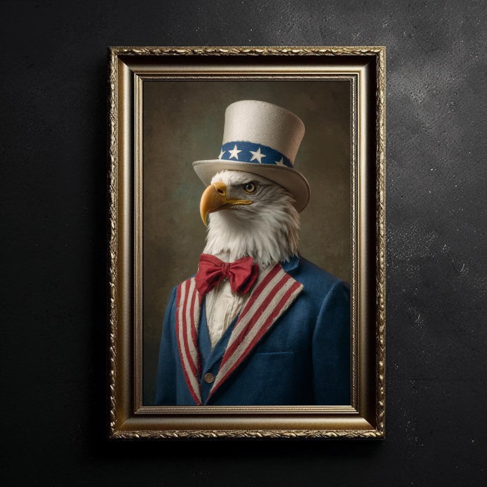 Uncle Sam Bald Eagle Wall Art Print, Patriotic Americana Animal Portrait