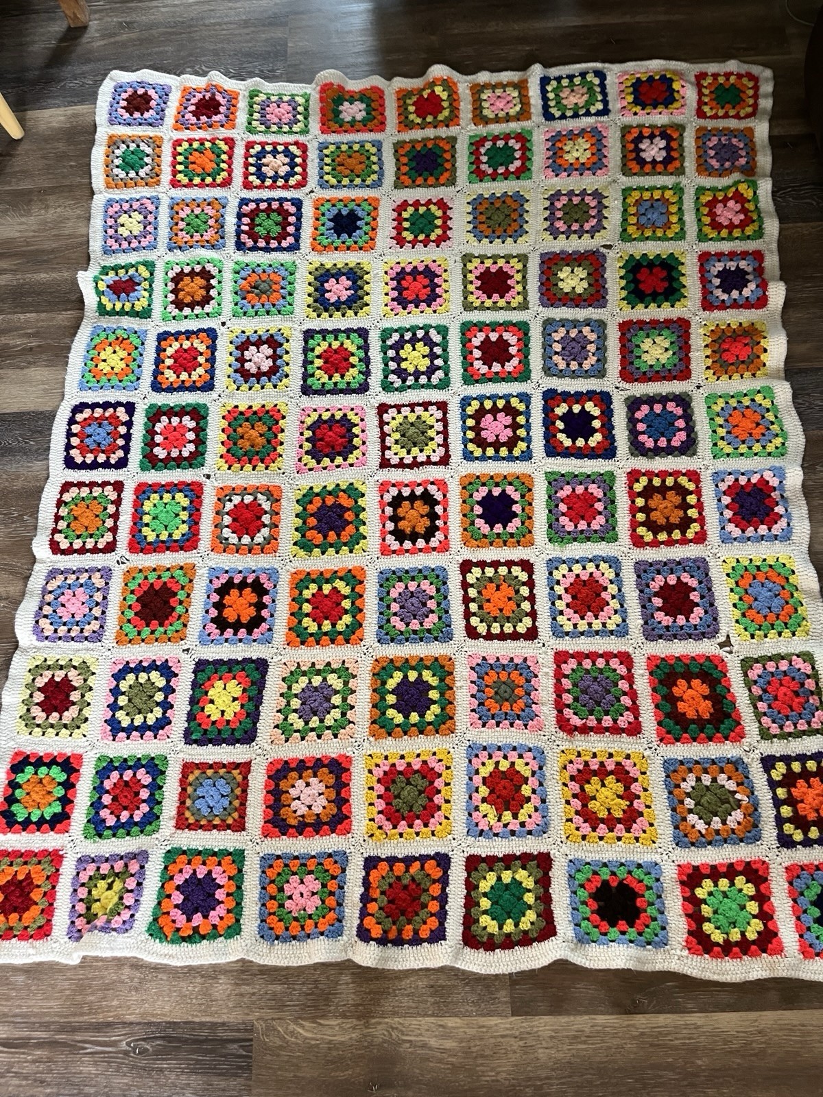 VTG Handmade Granny Square Crochet Afghan Blanket Multicolor White 62×74 READ