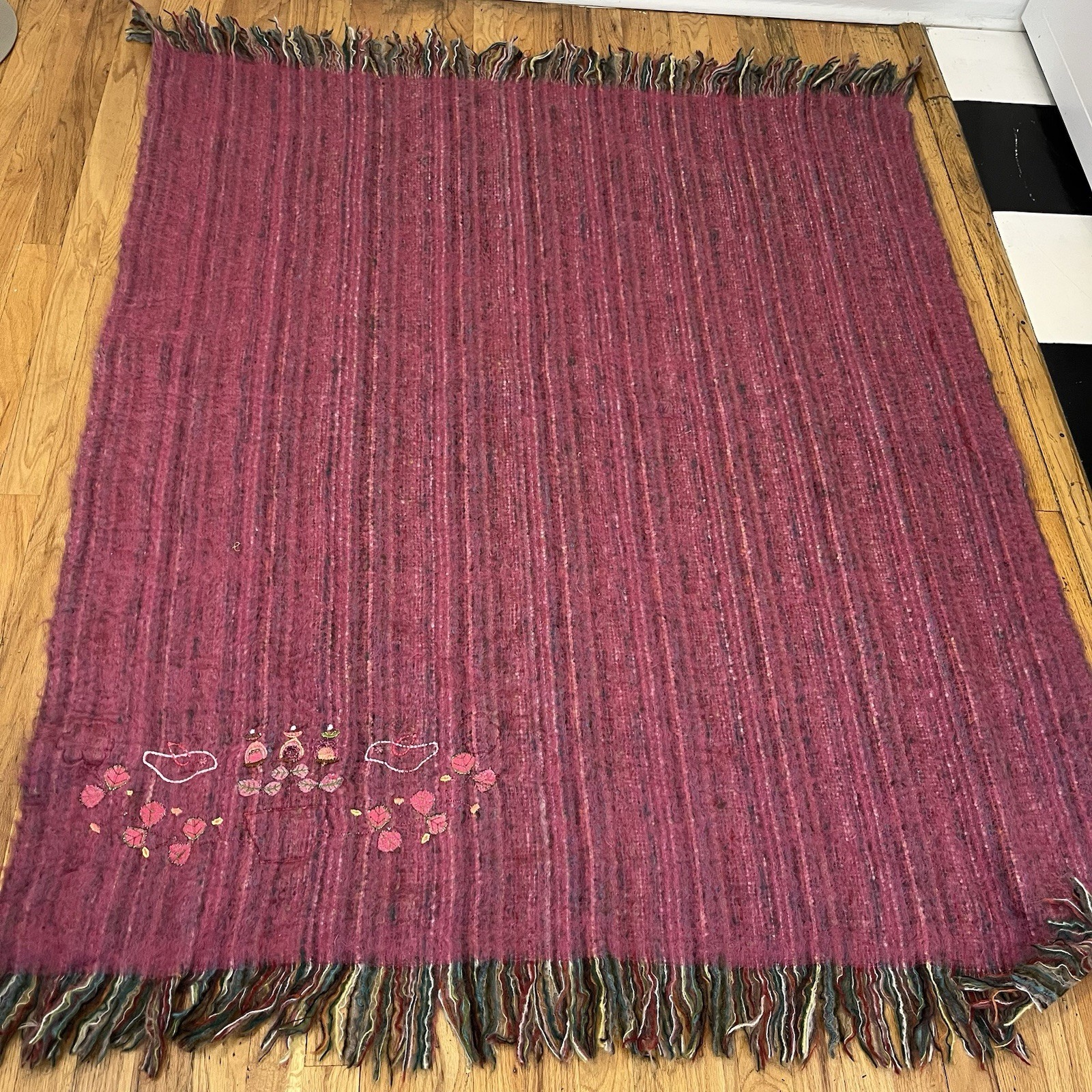 Pier One 1 Throw Blanket Embroidered Pink Purple Jewel Toned Fringe 55×65