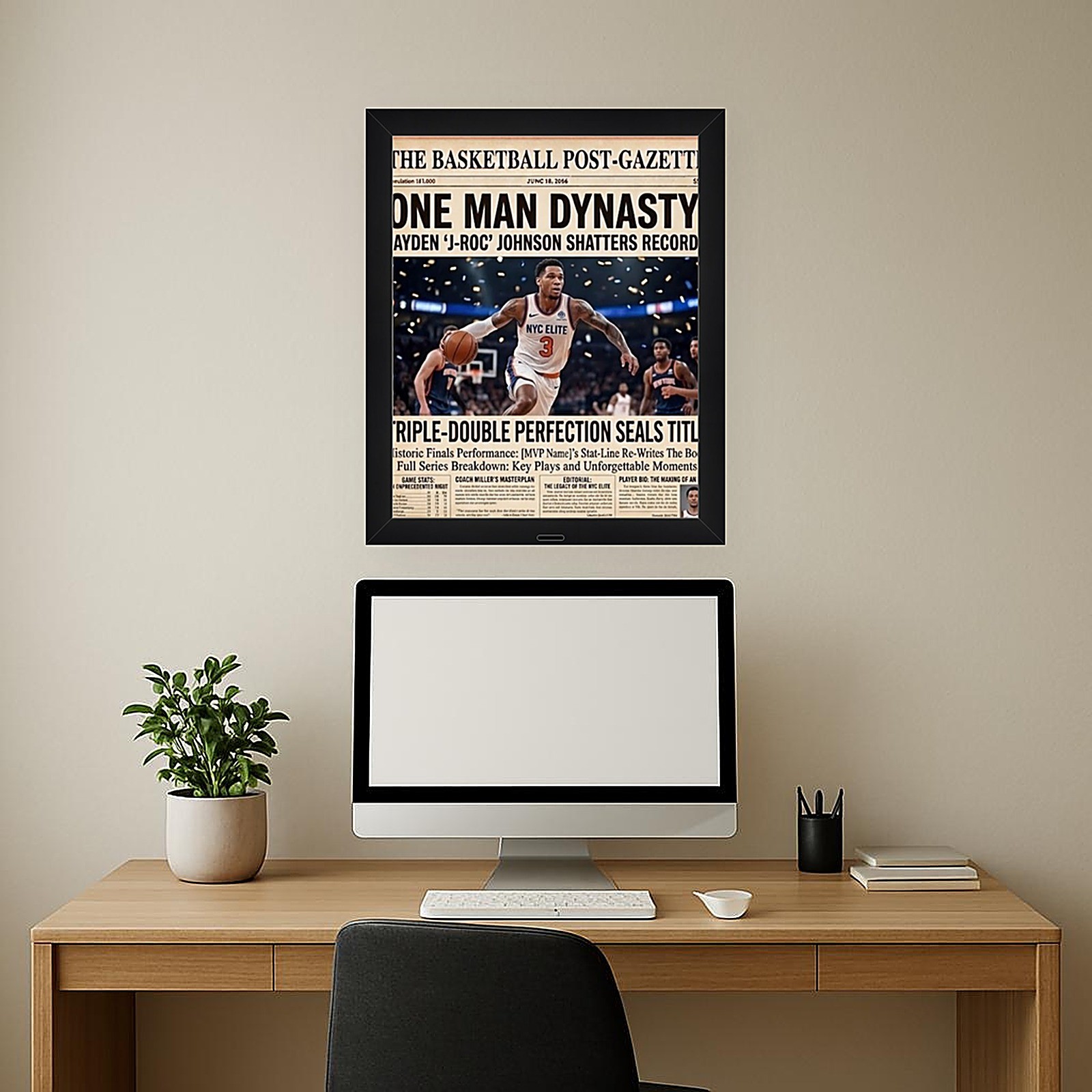 New York Daily News Newspaper Frame, Black Wood, Blue & Orange Mat