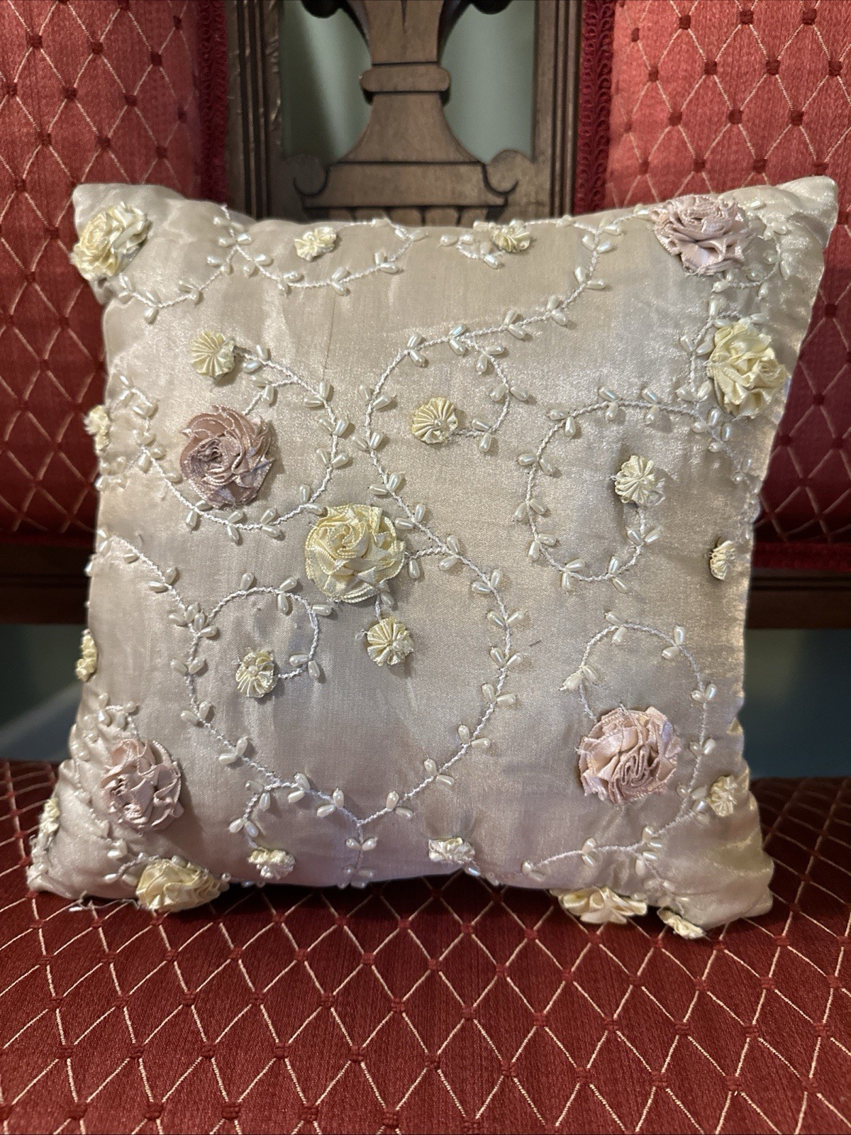 Decorative Embroidered Pillow Set Floral with Pearls Taupe 11×11