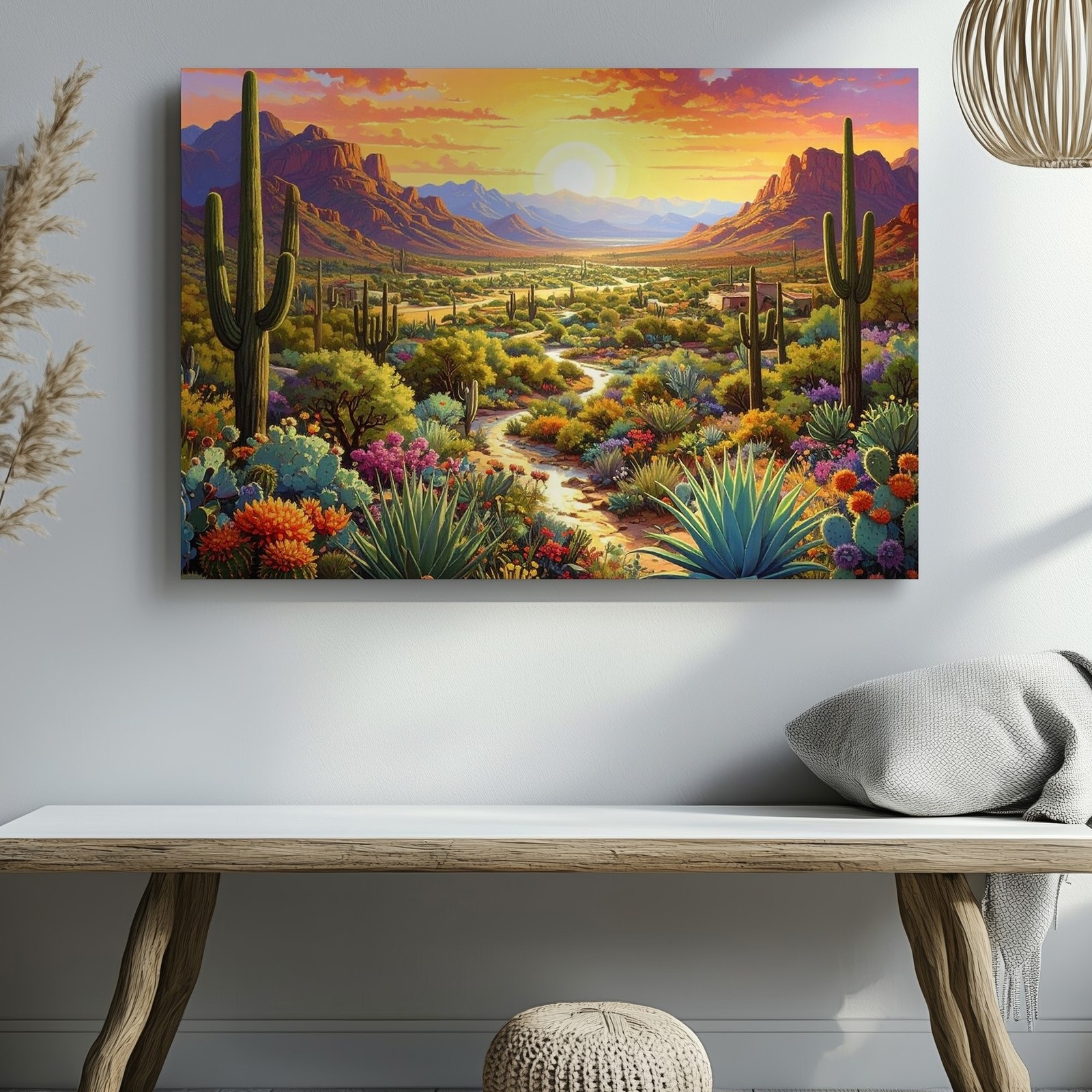 Canvas Wall Art a Richly Detailed Desert Painting Featuring a Lush Valley