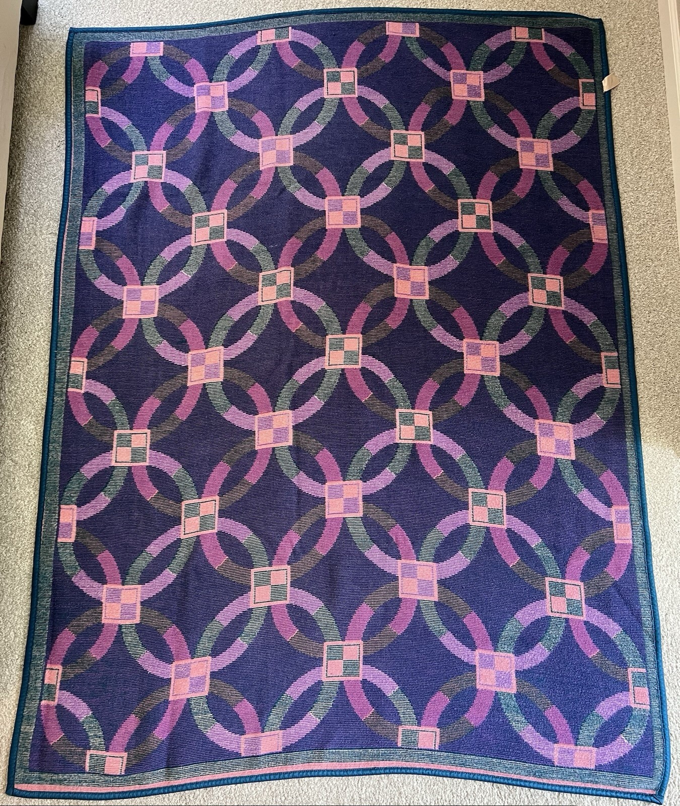 Vintage SAN MARCOS Blanket Throw Woven Pink Purple Teal 74”x54 Rare