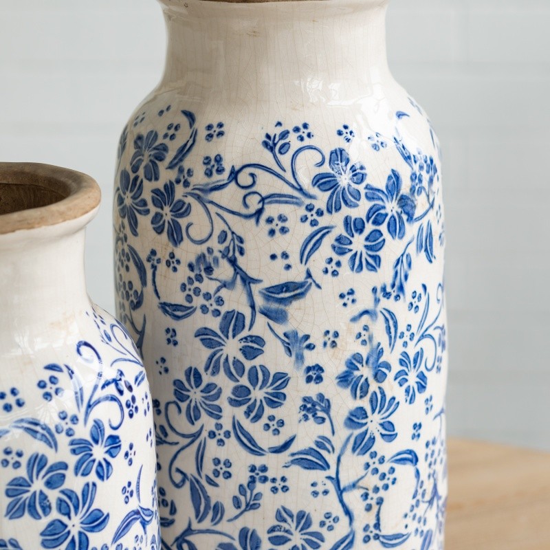 Flower Vase Bottle Desk Decor Blue Traditional Floral Motifs 6.3″x15.2″ Ceramic