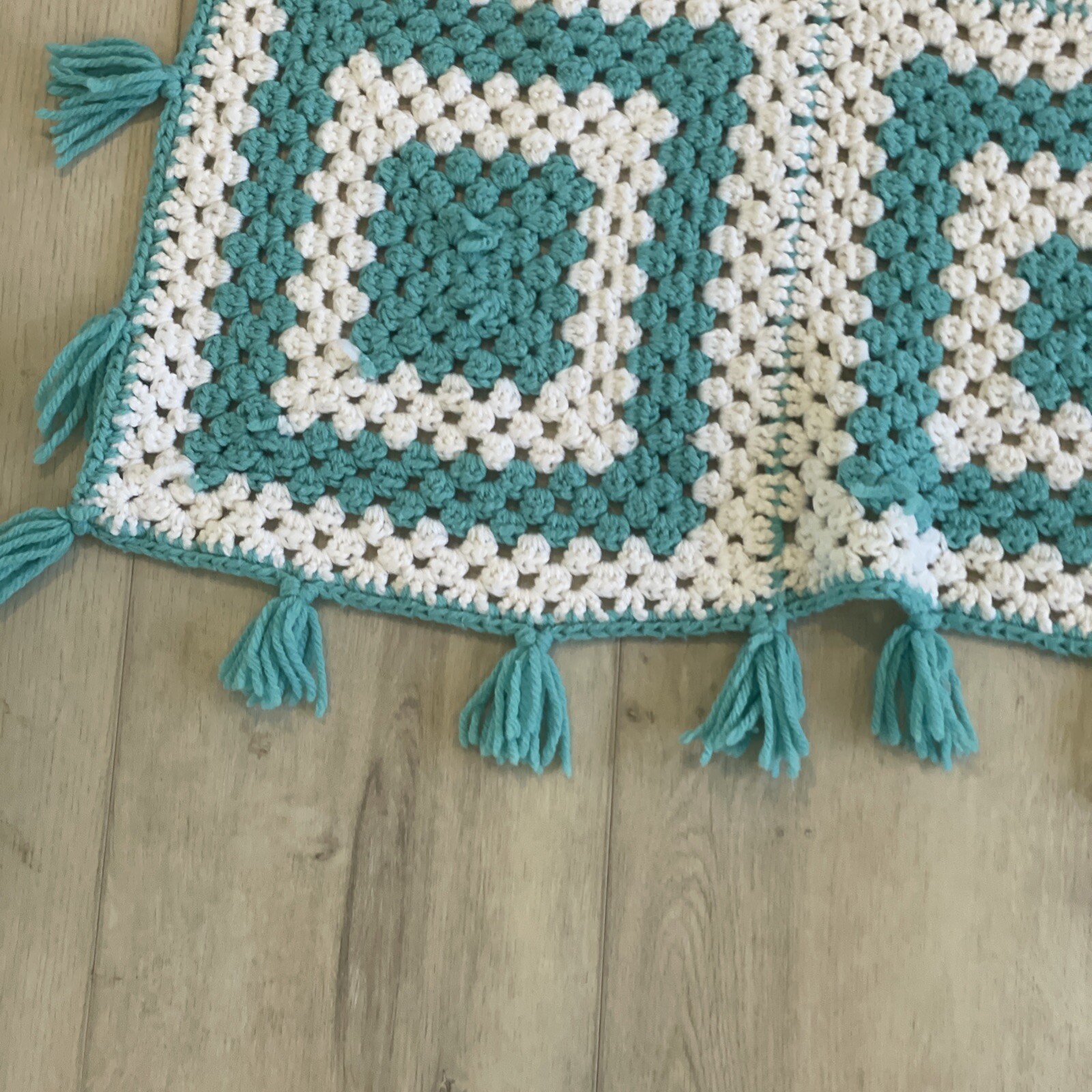 Vintage Blue & White Granny Square Crocheted Afghan Throw Blanket 72×43