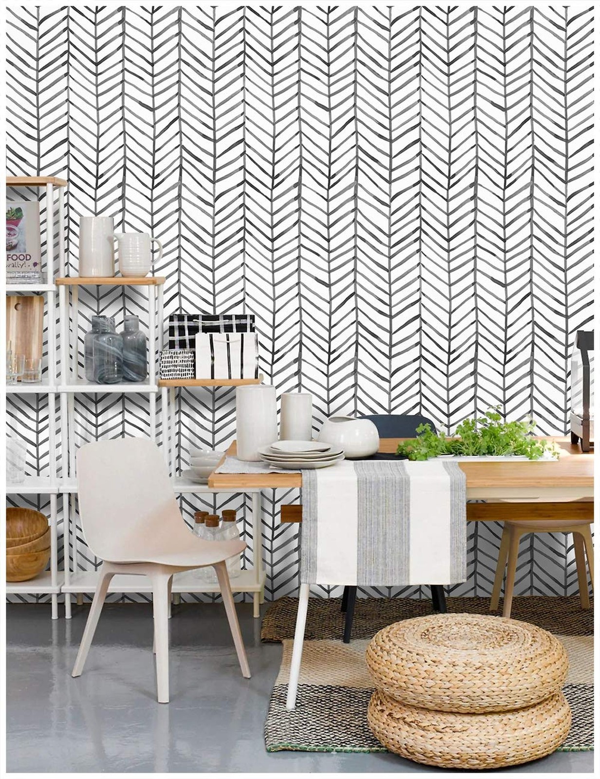 HAOKHOME Black and White Wallpaper Peel and Stick Stripe Herringbone Geometri…