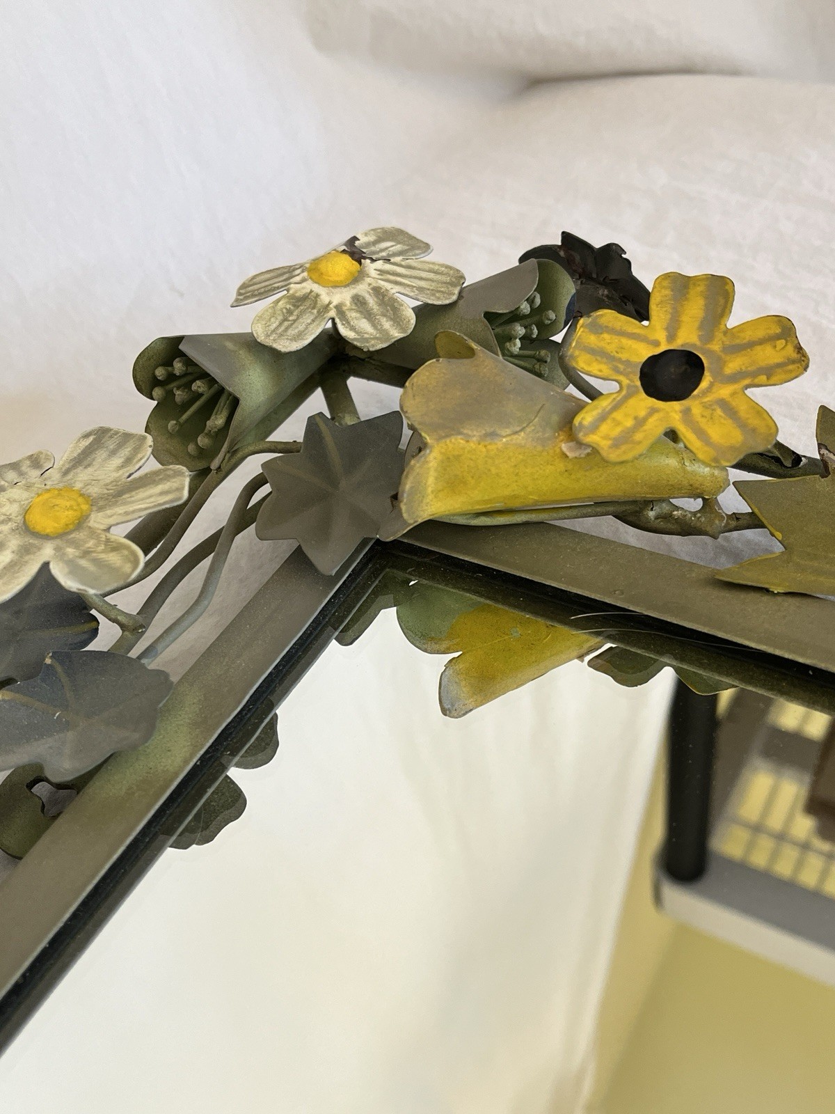 Vintage Tole Mirror Rectangular with Metal Floral and Vine Border