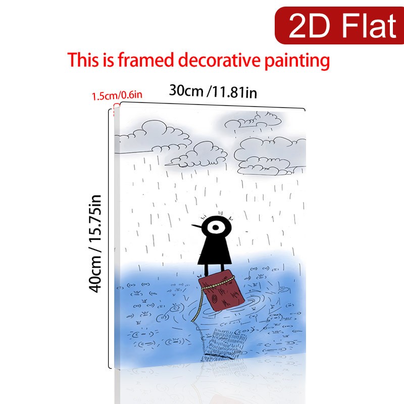 One-Eyed Black Character in the Rain Canvas Wall Art, Whimsical Minimalist Decor