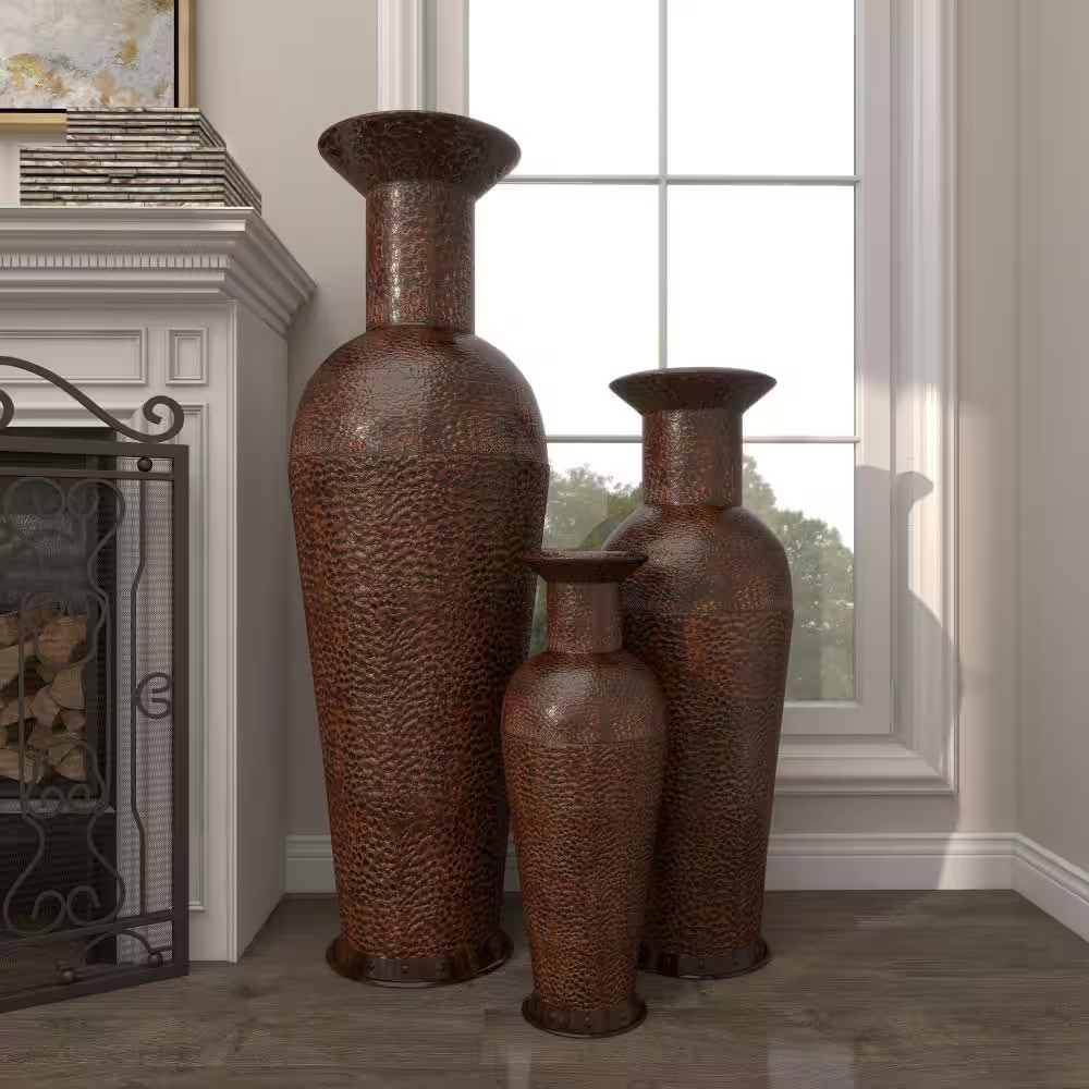 50 In., 35 In., 26 In. Brown Tall Floor Bottleneck Metal Decorative Vase with Bu