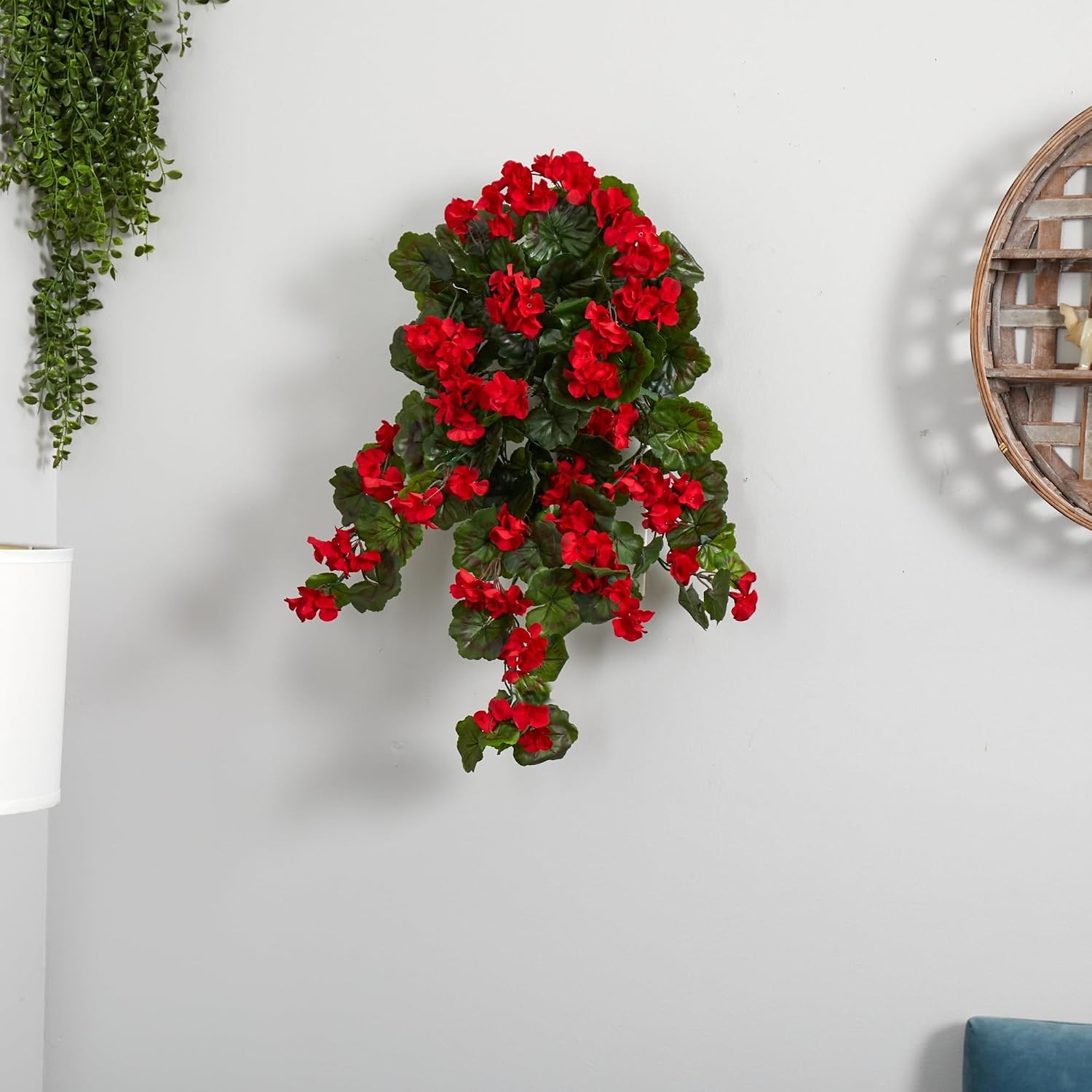 29in. UV Resistant Geranium Artificial Hanging Plant, Red Flowers with Green