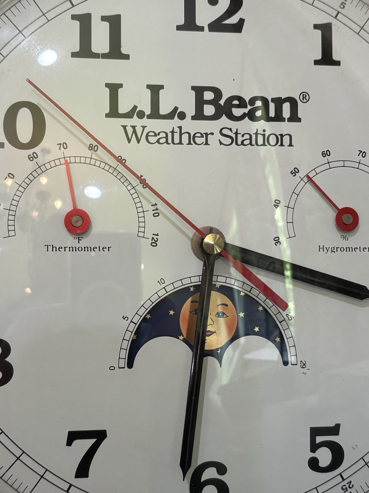 Vintage L.L. Bean Weather Station Round Moon Phase Analog Wall Clock Wood Frame