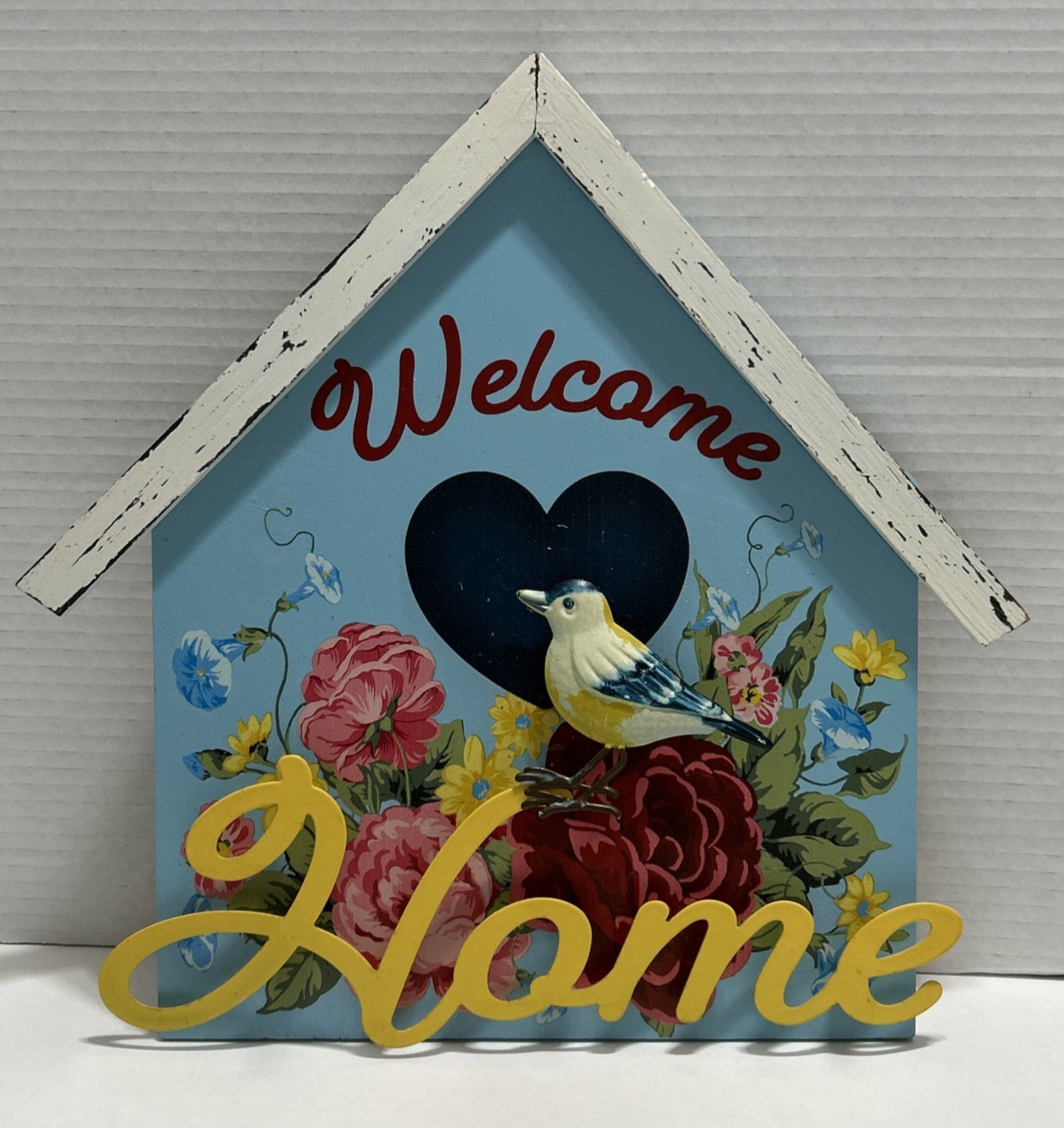 ‘Welcome Home’ Front Door Sign 12×13″ Bird House Shape Shabby Chic *Read
