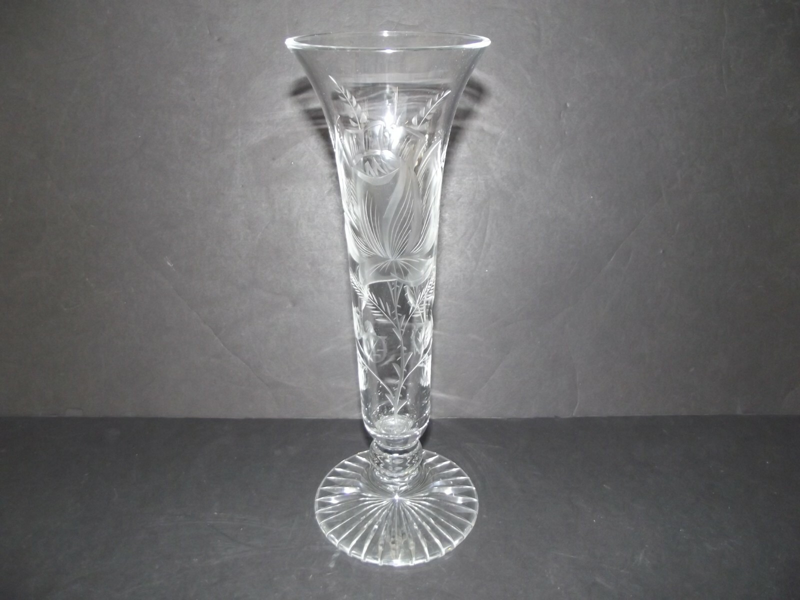 12″ footed Trumpet Flared VASE Art Glass leaded Crystal etched cut engraved Rose