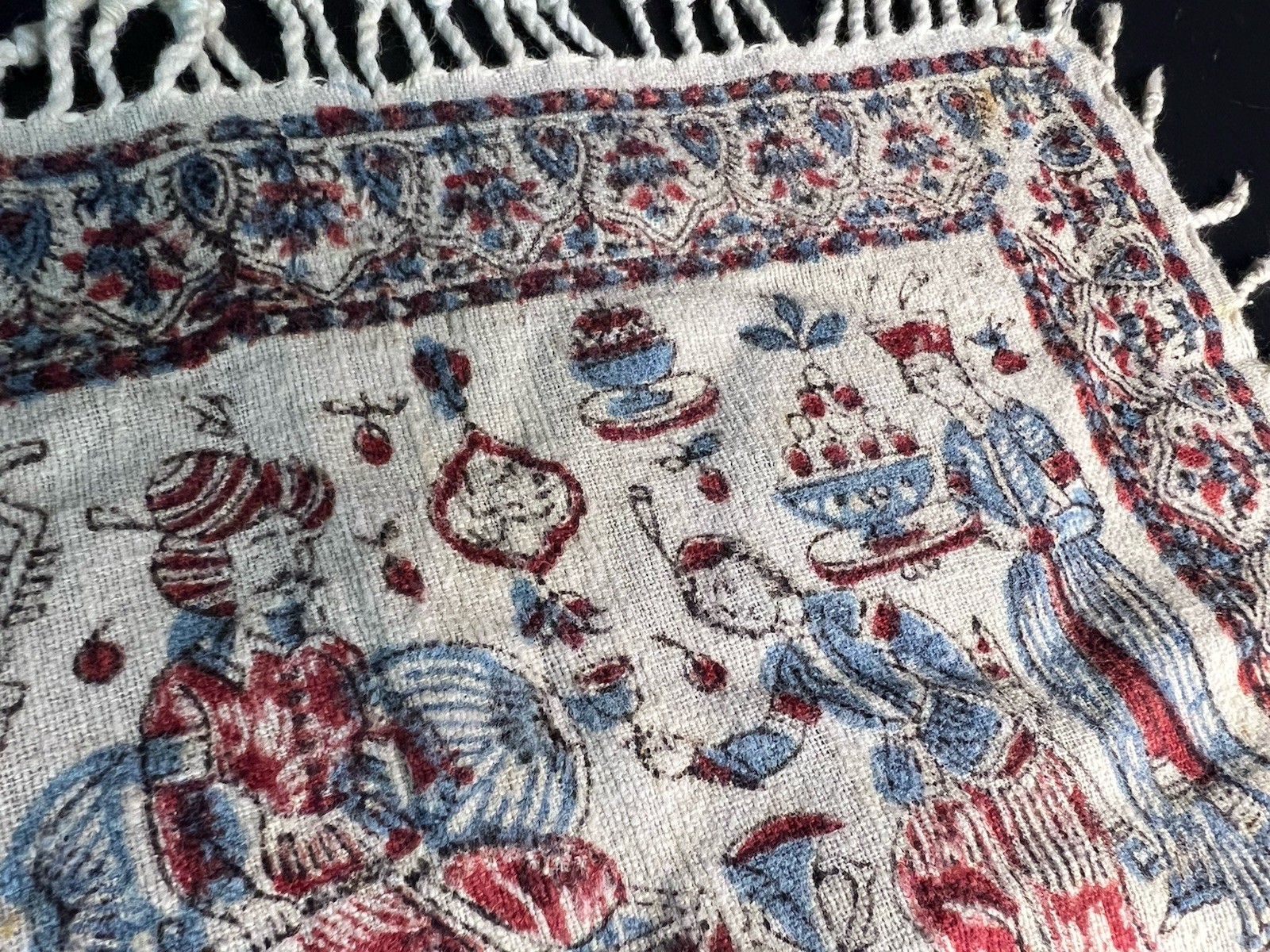 Handmade Iranian “Qalamkar” Hand Painted Fringed Cotton Tapestry-12”x12”-Lot 2