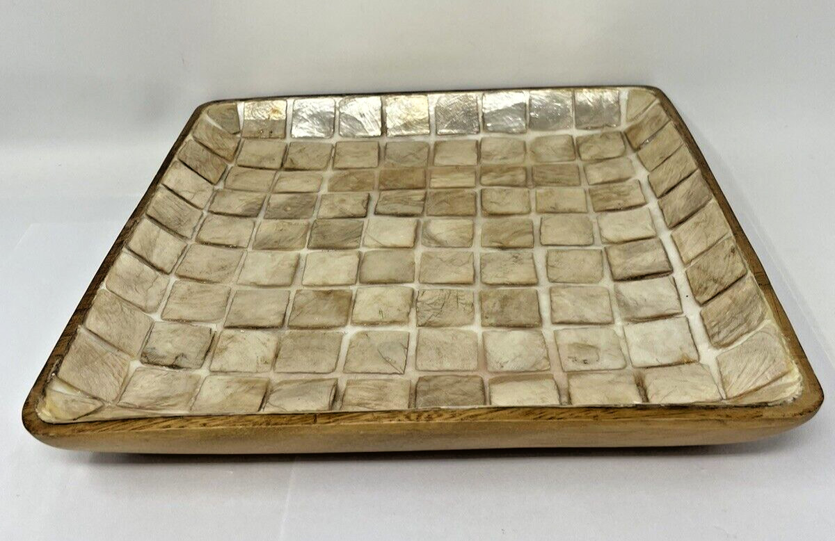 Gibson Everyday Acacia Wood Square Serving Plate Bowl Capiz Shell Inside Mosaic