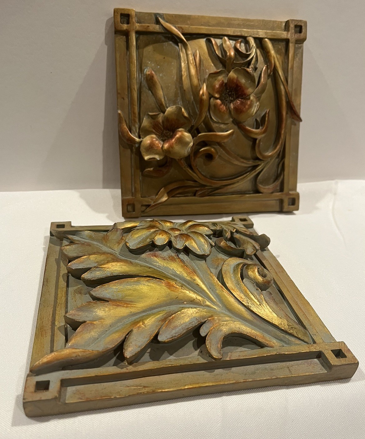 Two Ornate Antiqued Gold Toned Wall Decorations Floral Square Art Nouveau Style