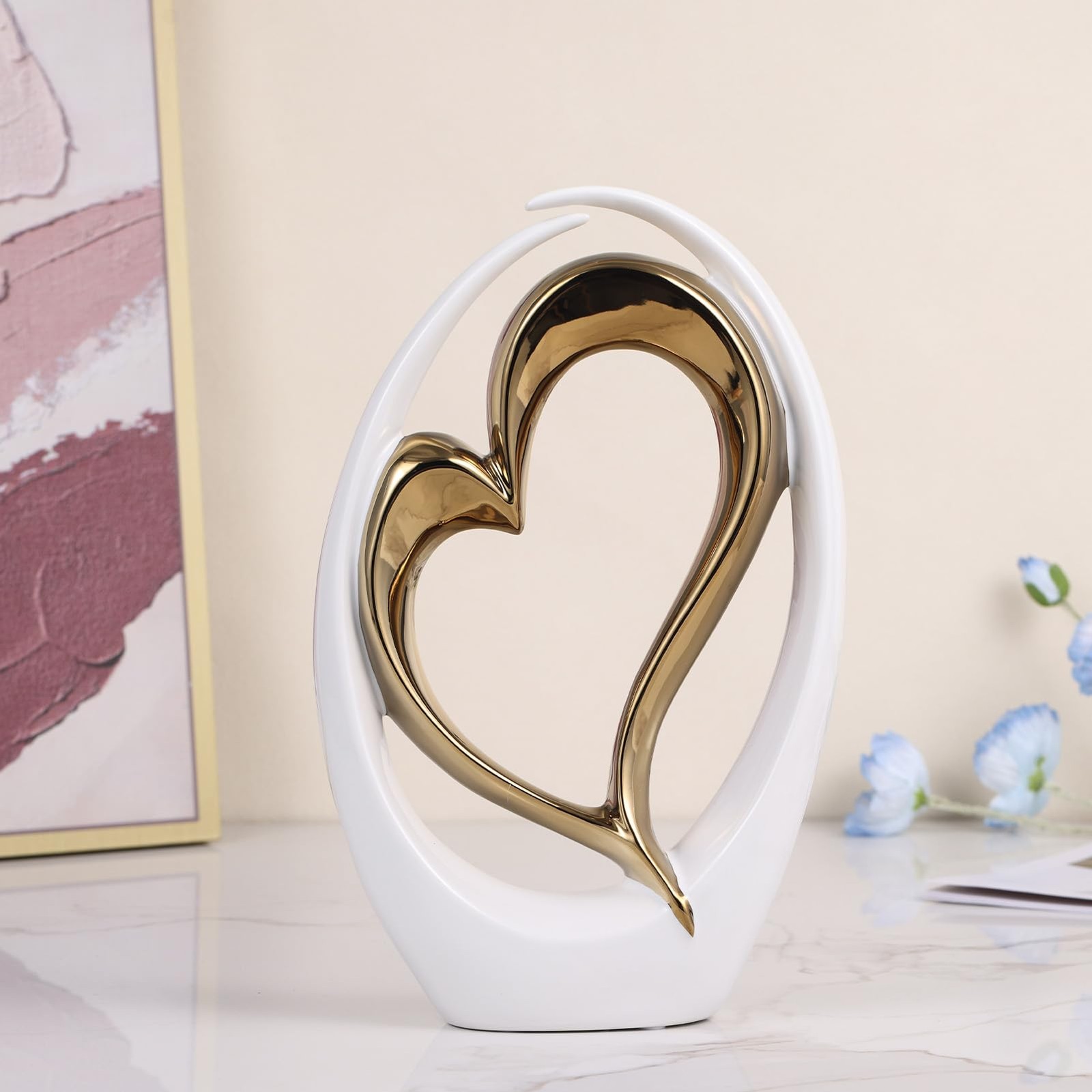 White and Gold Ceramic Statues, Abstract Heart Sculptures for Bedroom Decor, …