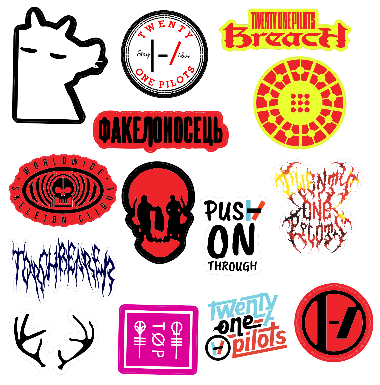 Twenty One Pilots sticker sets, Water Resistant, easy peel, 2-3″, 12 Sets