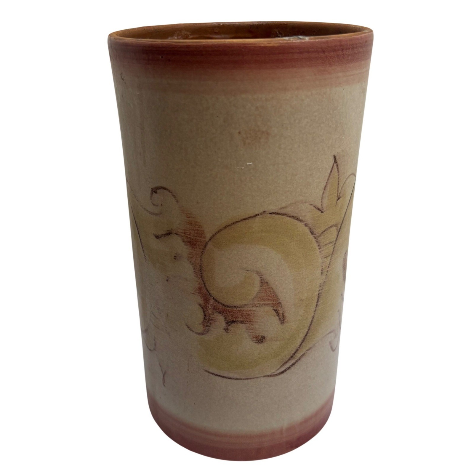 Pottery Barn Italy Ceramic Cylinder Vase Hand Painted Scroll Terracotta 8.25″