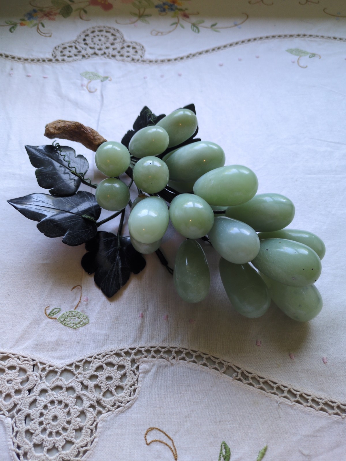 Vintage 1960’s Carved Celadon Green Genuine Jade Grapes Cluster 9.5″