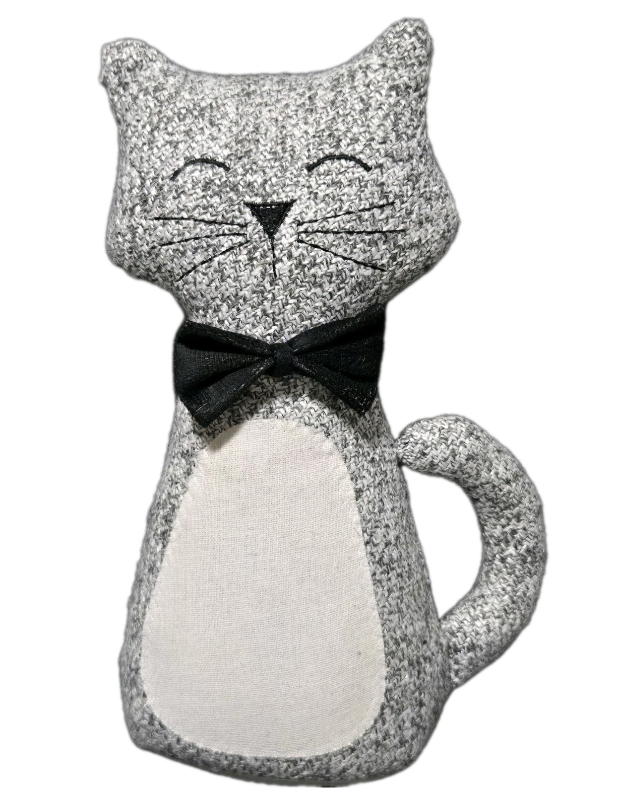 Door Stop Weighted Happy Cat With Bowtie Plush Fabric Gray Freestanding Heavy