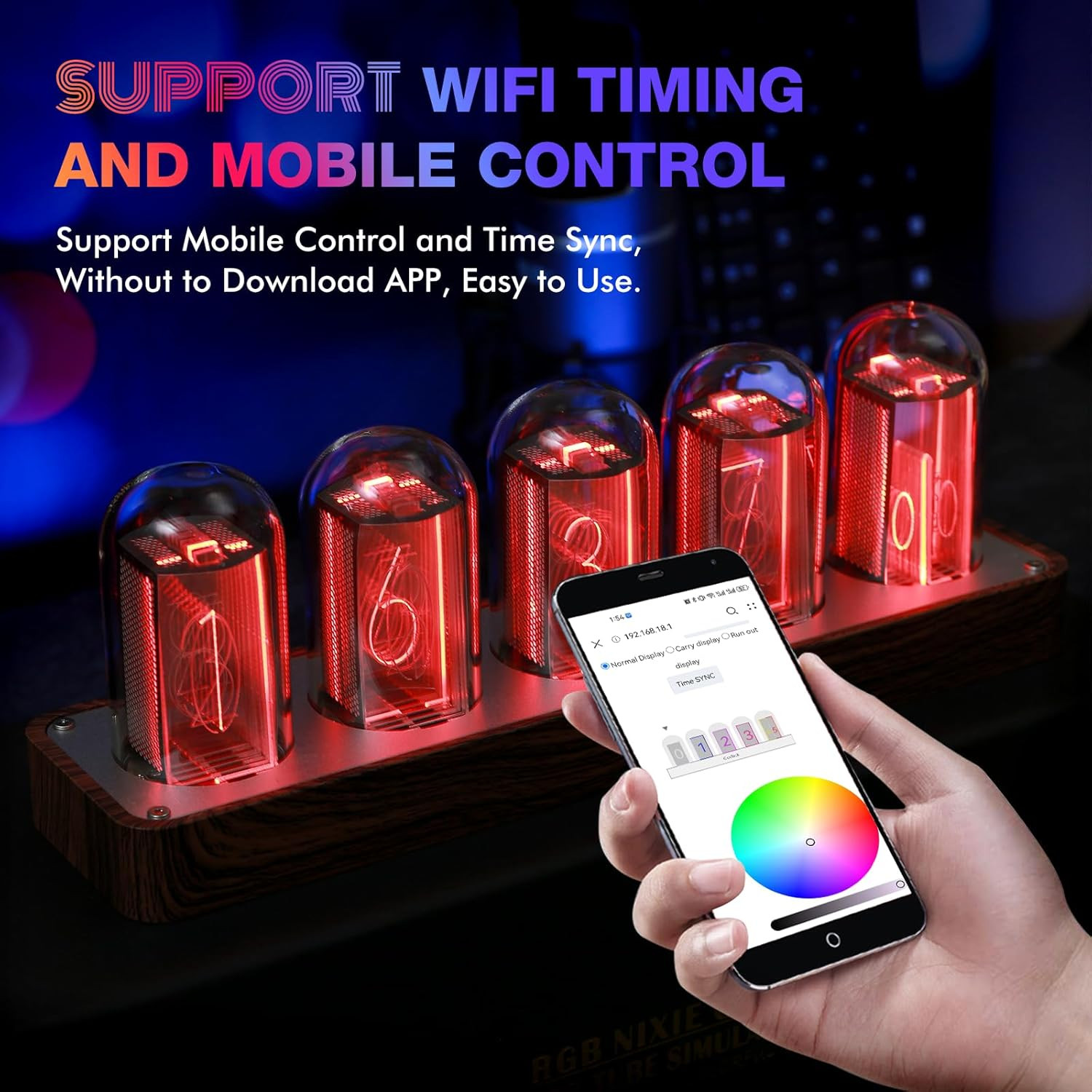 Nixie Tube Clock Walnut Digital Clock, Support Wi-Fi Time SYNC, Alarm & Timer, 1