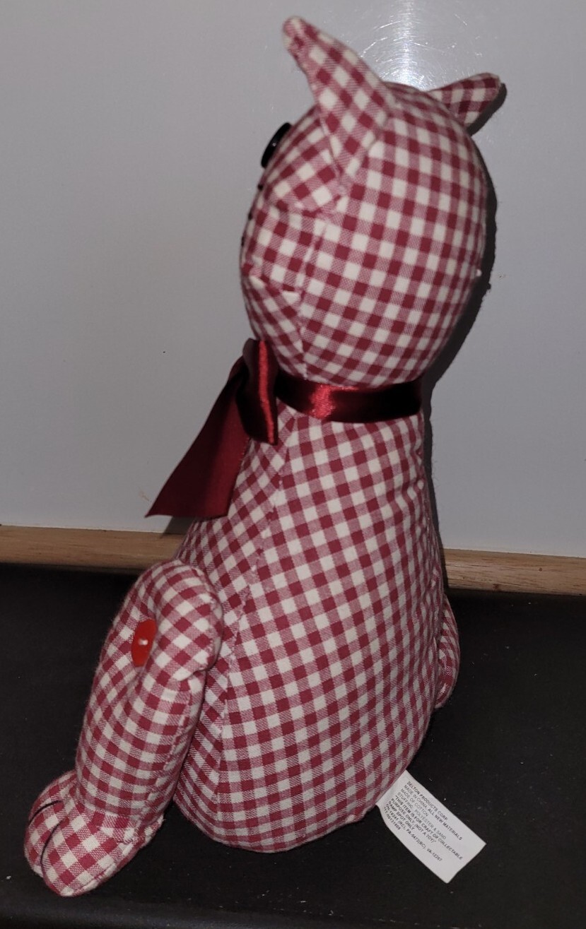DELTON FABRIC CAT DOOR STOP PLAID CHECKED MAROON TAN COTTON POLYESTER SAND