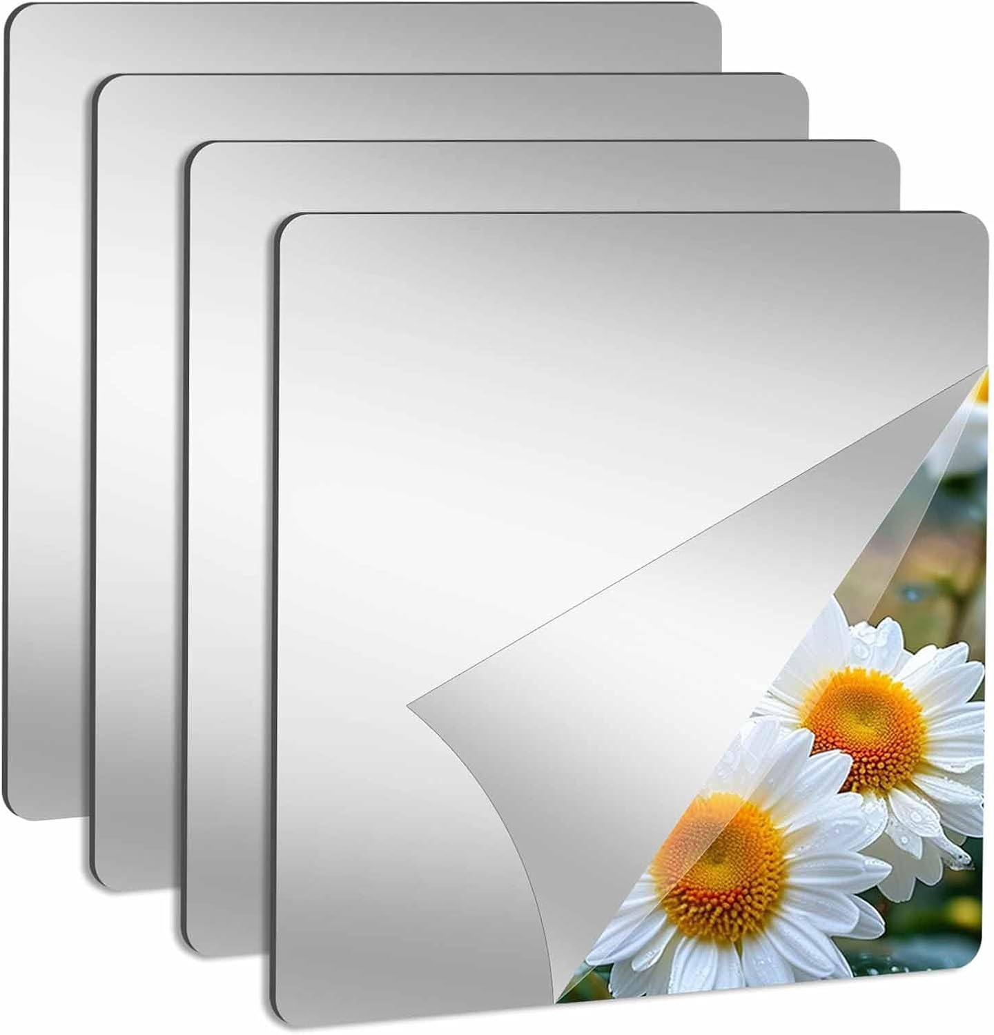 4 Pack Acrylic Mirror Tiles, Stick on Mirrors for Wall, Flexible Plastic Mirror