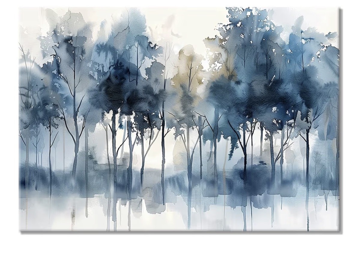Abstract Watercolor Forest Canvas Wall Art, Misty Blue And Grey Painting 12X18in