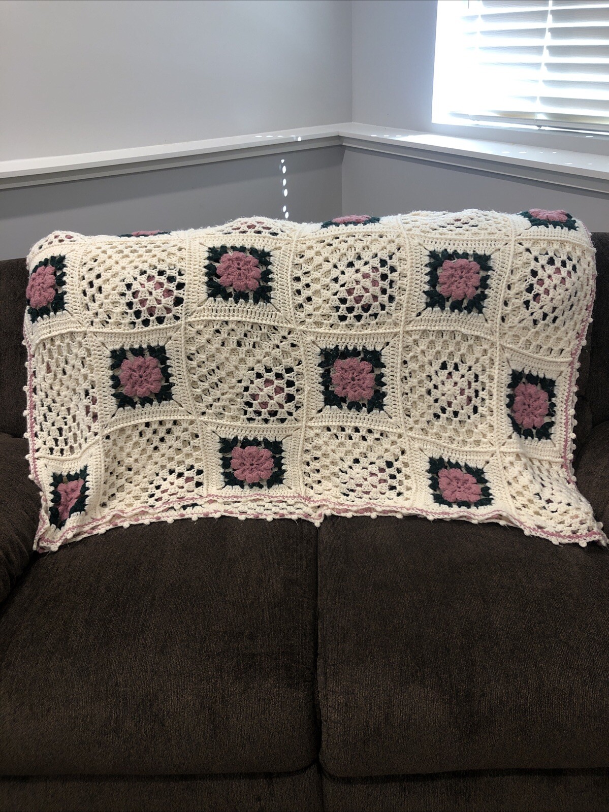 3D Pink Rose Granny Square Crochet Knit Blanket Throw Afghan Cottagecore