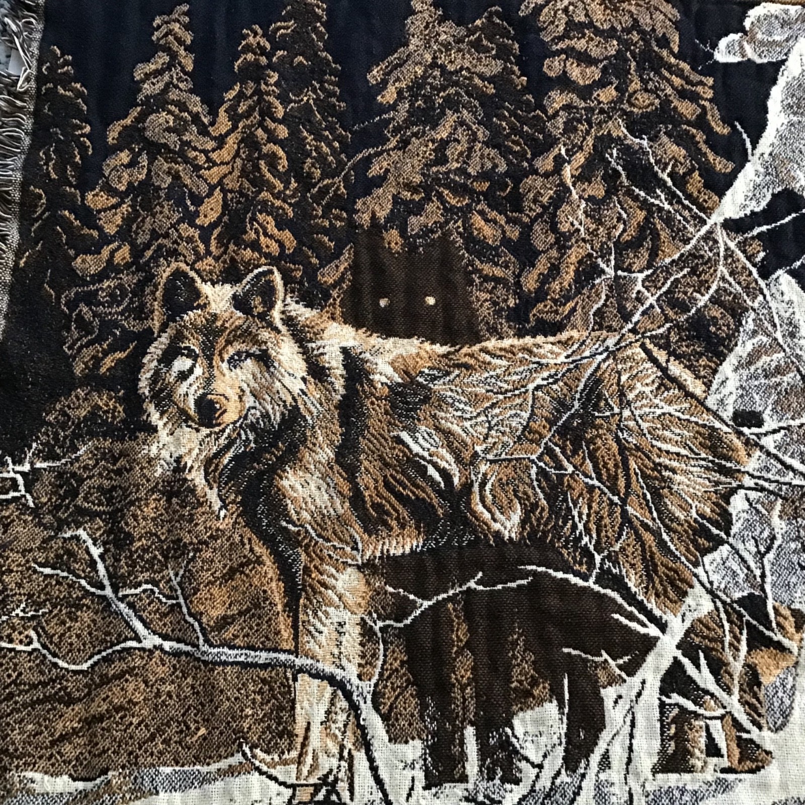 Vintage Wolf Throw Blanket Goodwin Weavers by Crown Crafts 100% Cotton USA