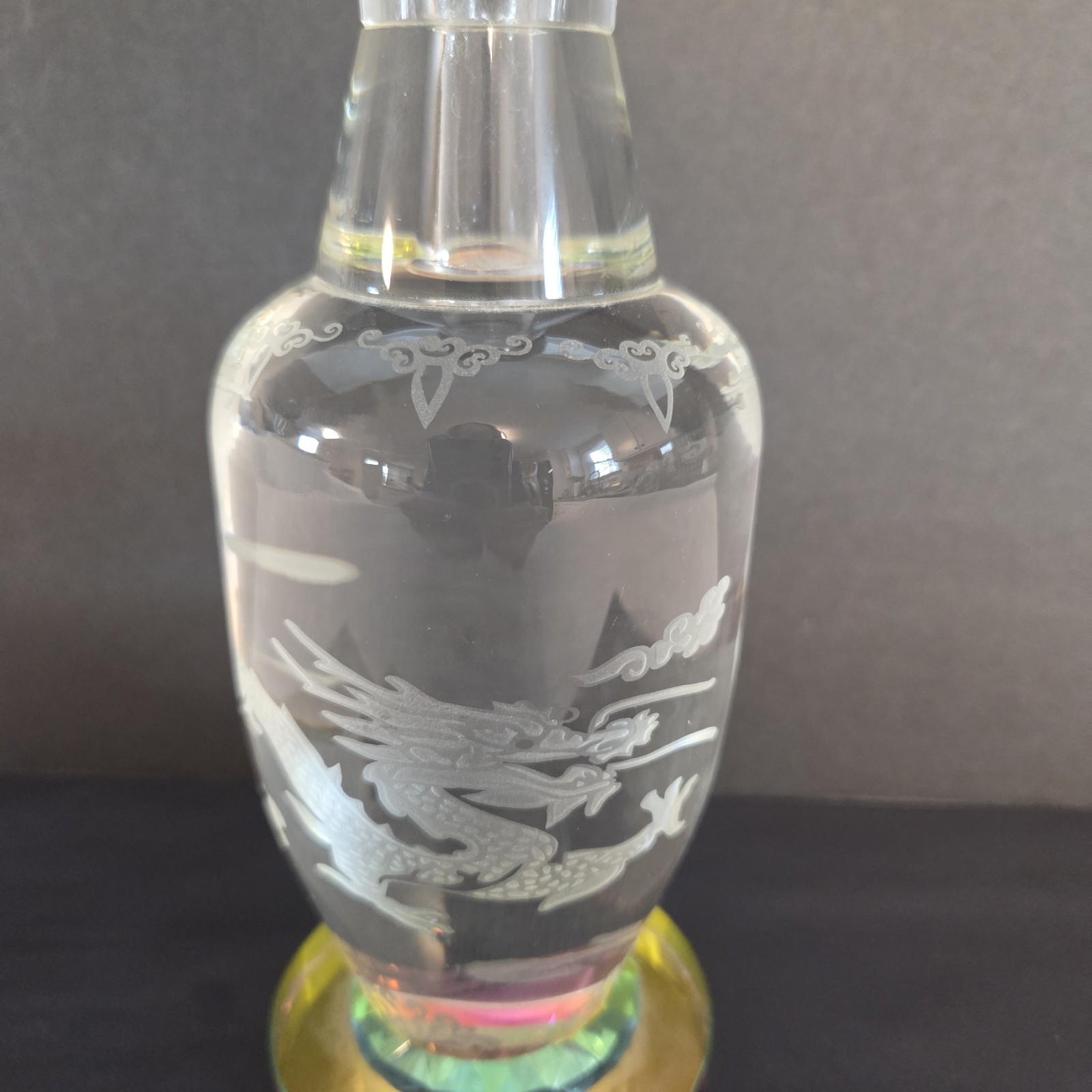 Heavy Embossed Etched Chinese Crystal Dragon Vase Colored Base 9 inches