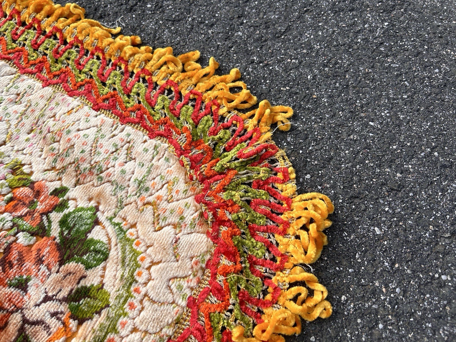Vintage Italian Velvet Cherub & Floral Themed Bedspread / Tapestry with Fringe