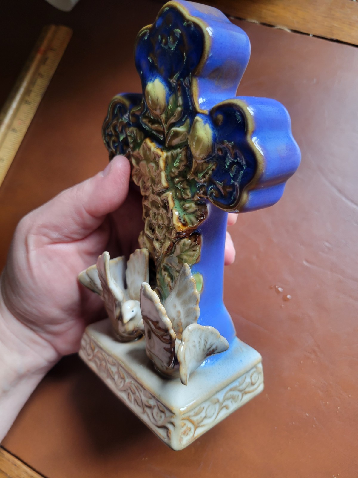 Ceramic Glazed Religious Inspirational Cross, Doves & Flowers Decor