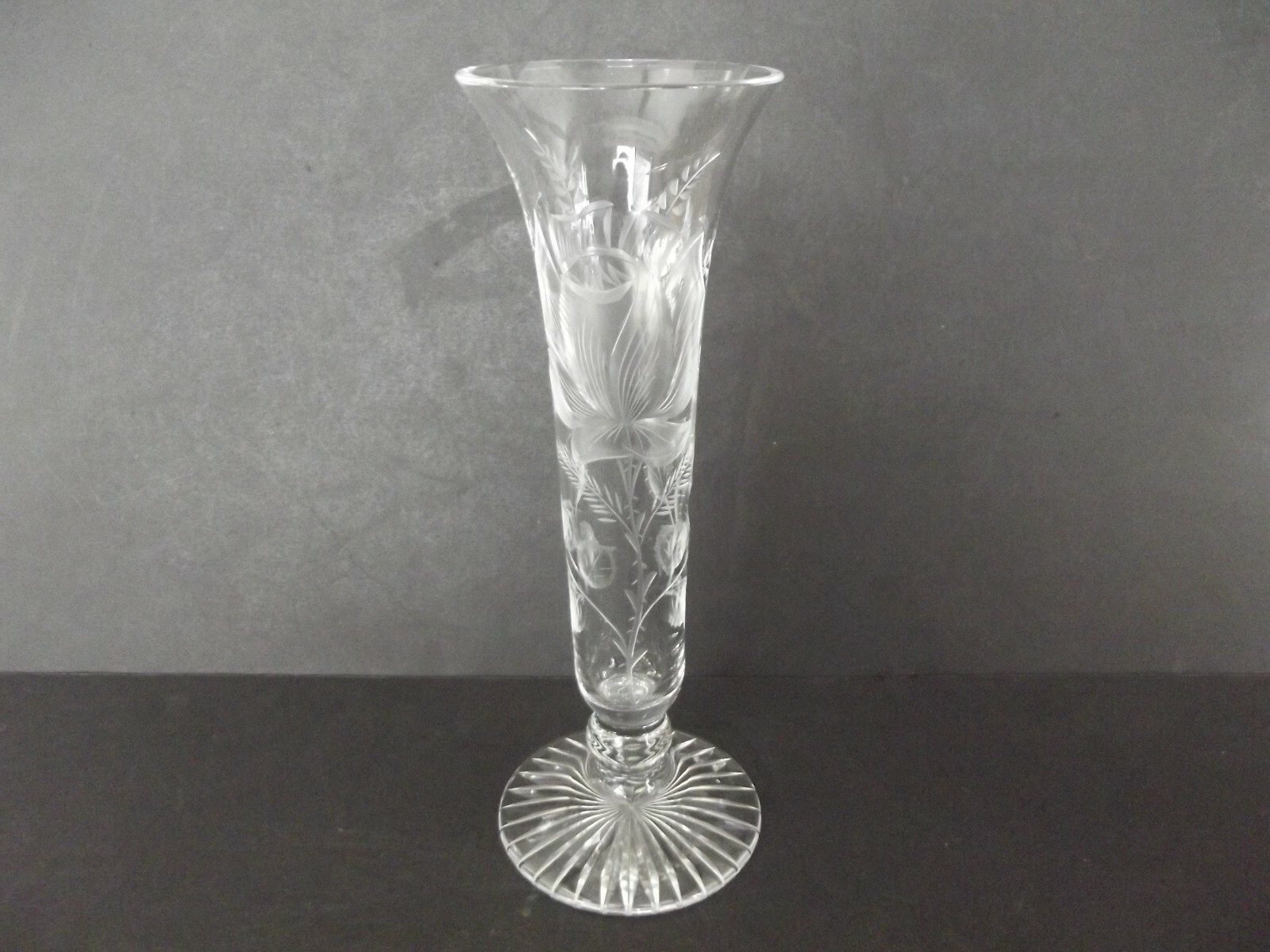 12″ footed Trumpet Flared VASE Art Glass leaded Crystal etched cut engraved Rose