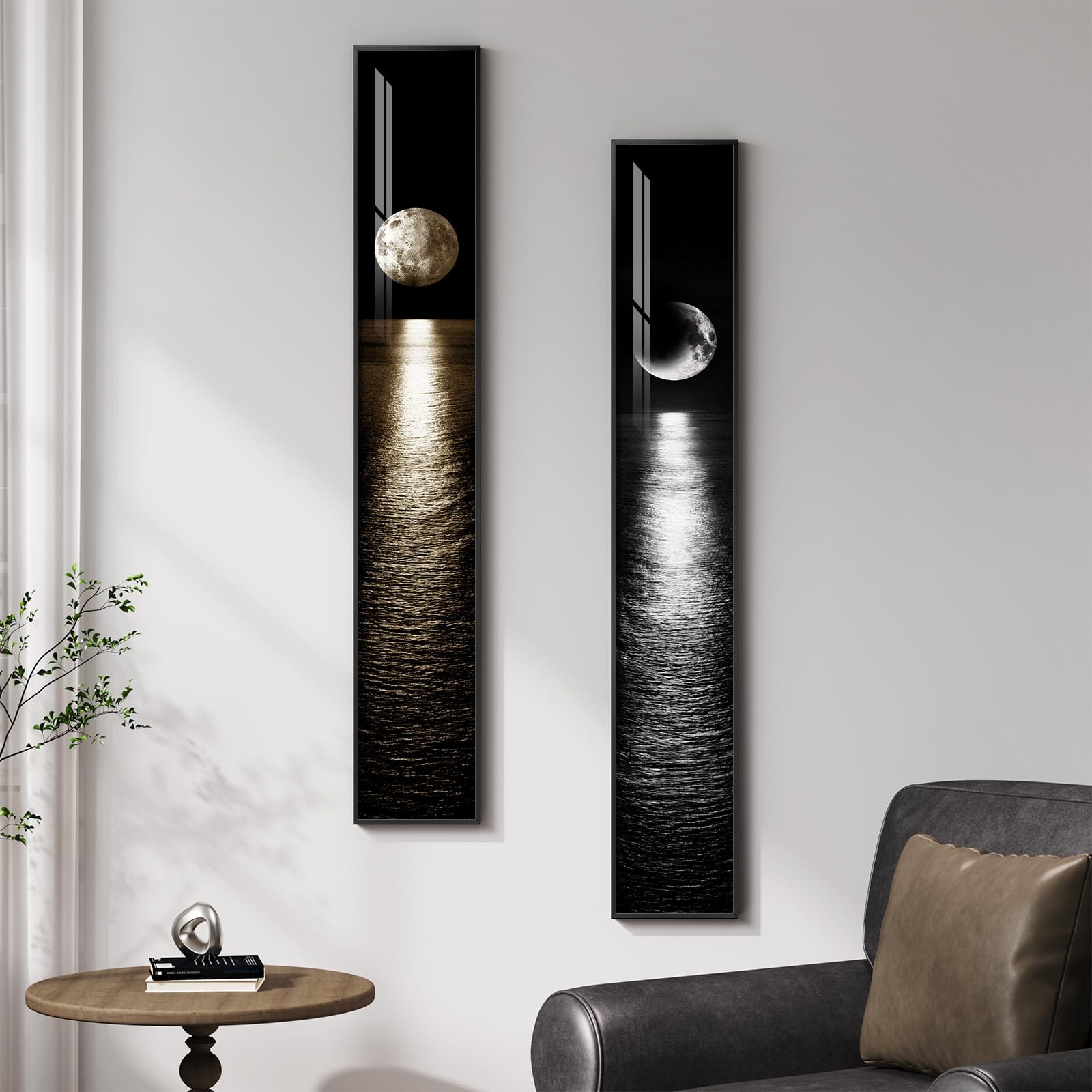 Framed Long Narrow Vertical Moon Wall Art Set of 2, Modern Black White Gold B…