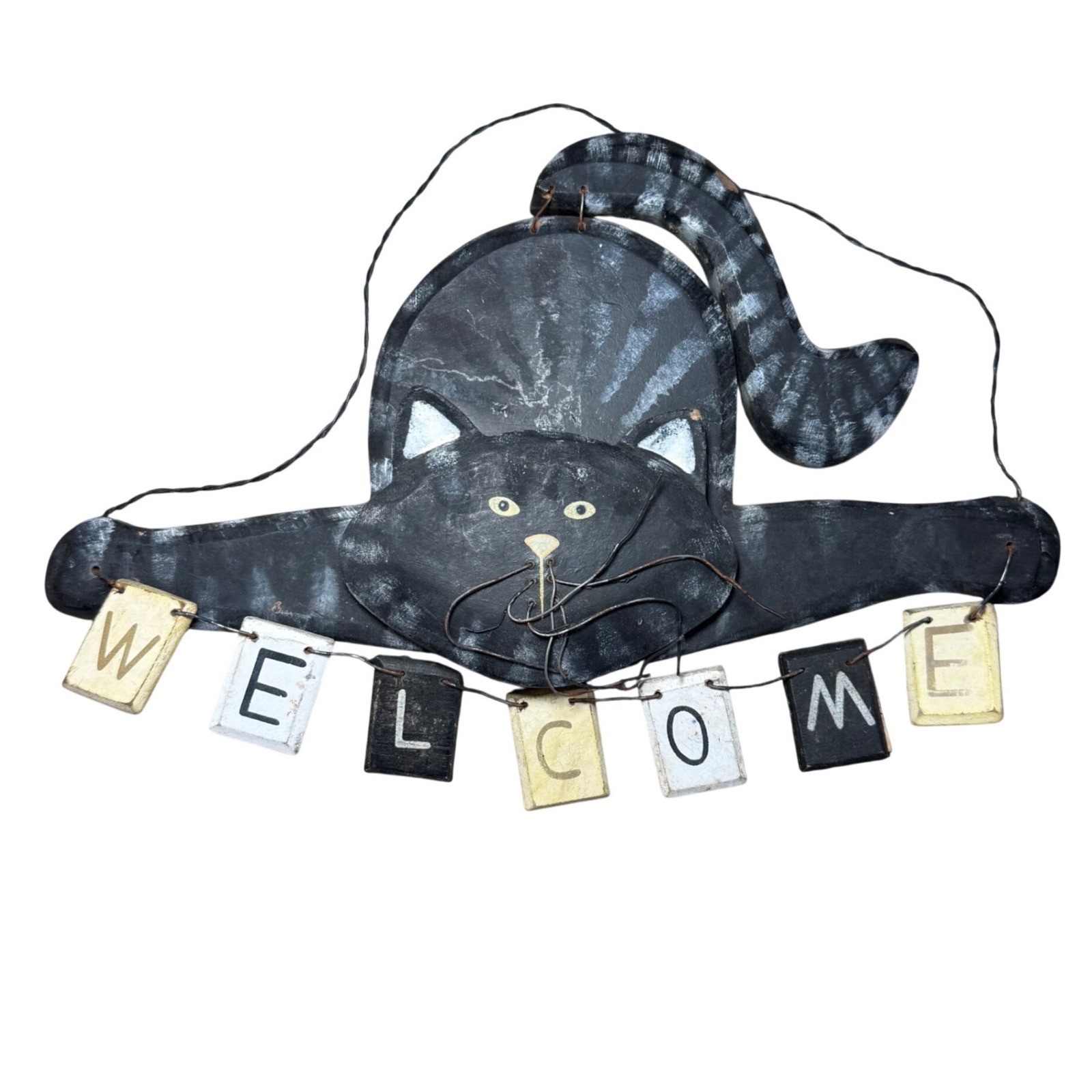Vintage Folk Art Wooden Cat Welcome Sign Hand Painted Black Tabby Wall Decor
