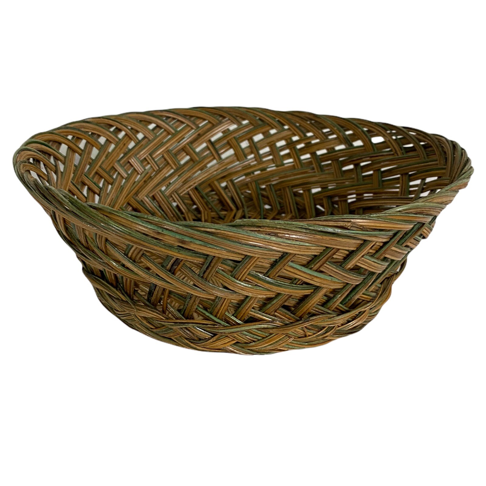 Wicker Round Basket Made in the Philippines Brown With Green Weaved Basket 10 in